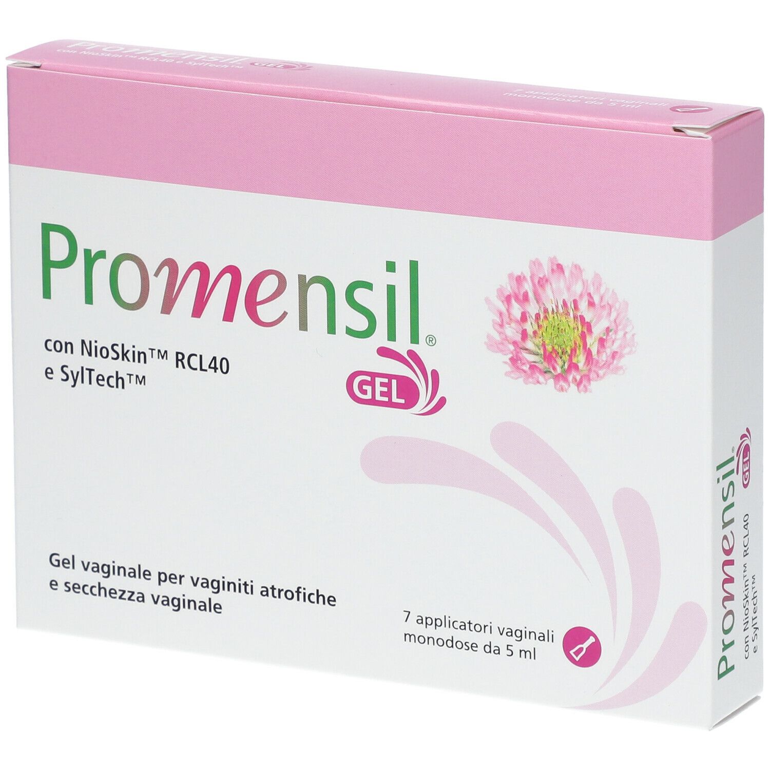 Confezione di Promensil Gel. Scatola rosa e bianca con nome del prodotto, illustrazione di trifoglio e testo. 7 applicatori vaginali.