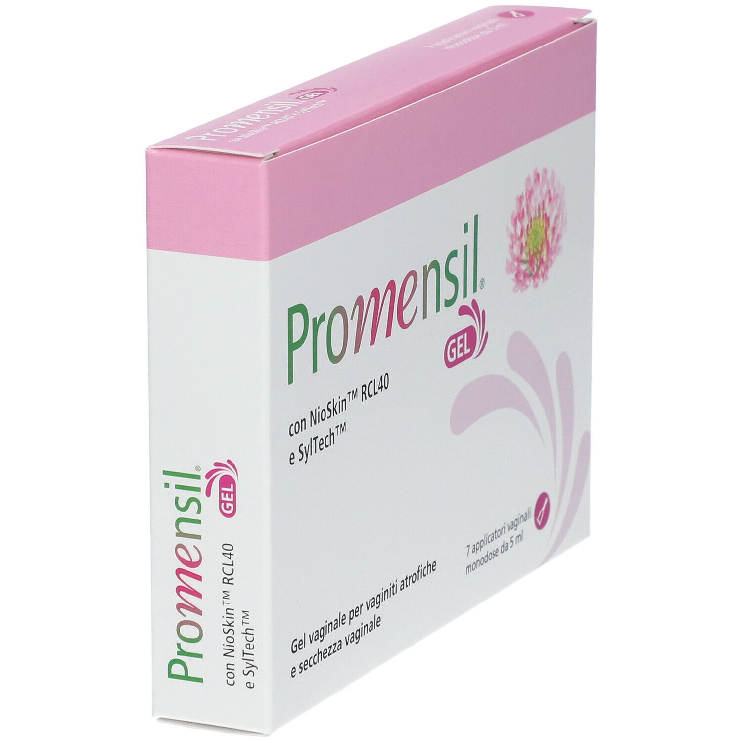 Confezione di Promensil Gel. Scatola rosa e bianca con nome del prodotto, illustrazione di trifoglio e testo. 7 applicatori vaginali.
