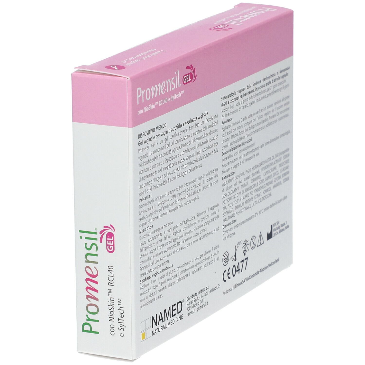 Confezione di Promensil Gel. Scatola rosa e bianca con nome del prodotto, illustrazione di trifoglio e testo. 7 applicatori vaginali.