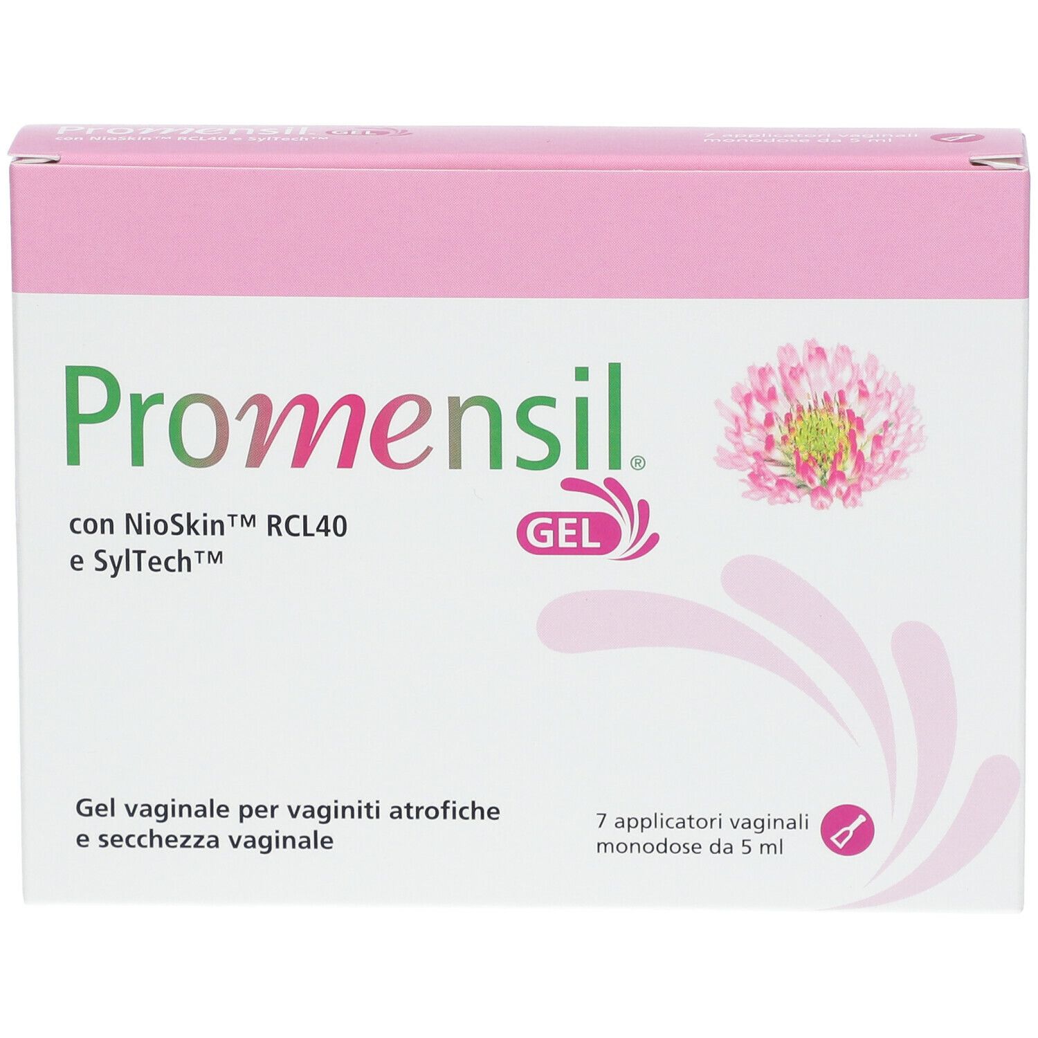 Confezione di Promensil Gel. Scatola rosa e bianca con nome del prodotto, illustrazione di trifoglio e testo. 7 applicatori vaginali.