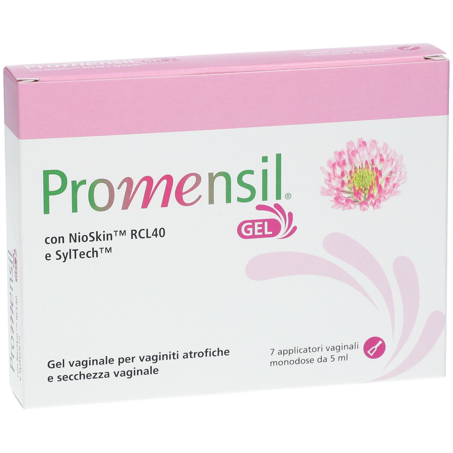 Confezione di Promensil Gel. Scatola rosa e bianca con nome del prodotto, illustrazione di trifoglio e testo. 7 applicatori vaginali.