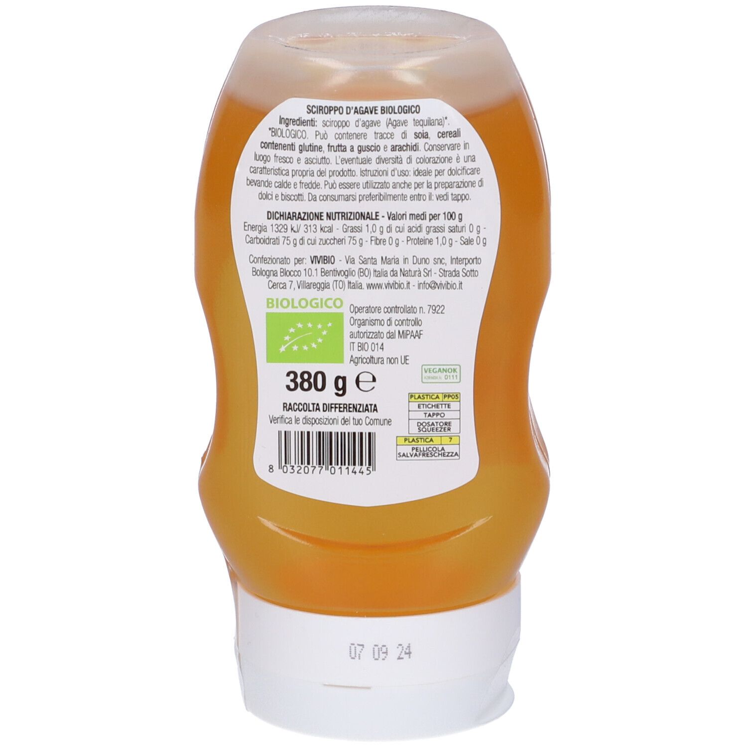Retro del flacone di sciroppo di agave. Contiene informazioni su ingredienti, valori nutrizionali e certificazioni.