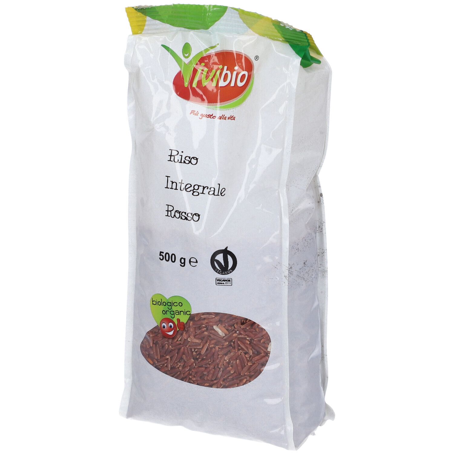 Confezione Riso Rosso Bio 500g Vvb. Sacchetto bianco con riso rosso. Logo Vvb Bio. Testo: Riso Integrale Rosso, 500g.