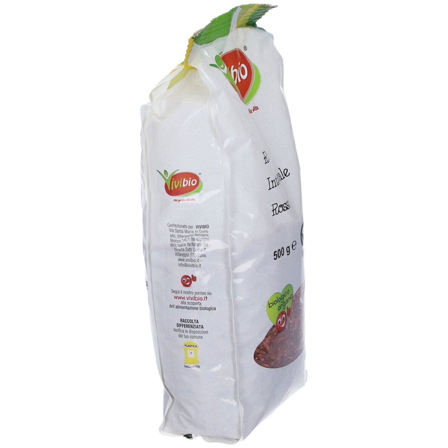 Riso Rosso Bio 500g Vvb, vista laterale. Sacchetto bianco con riso rosso. Logo Vvb Bio. Testo: Riso Integrale Rosso, 500g.