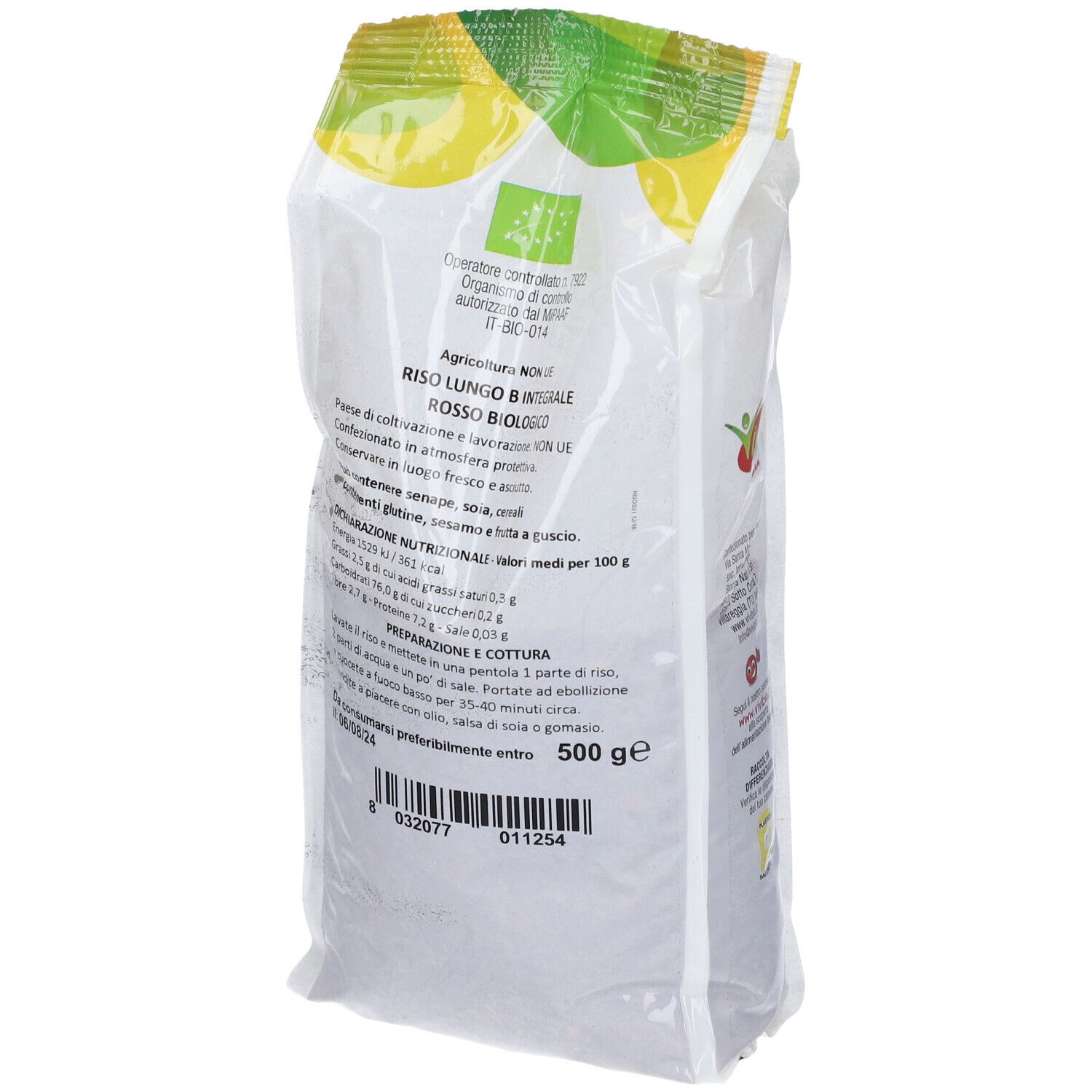 Retro della confezione Riso Rosso Bio 500g Vvb. Testo e informazioni nutrizionali. Logo Vvb Bio. 500g. Certificazione bio.