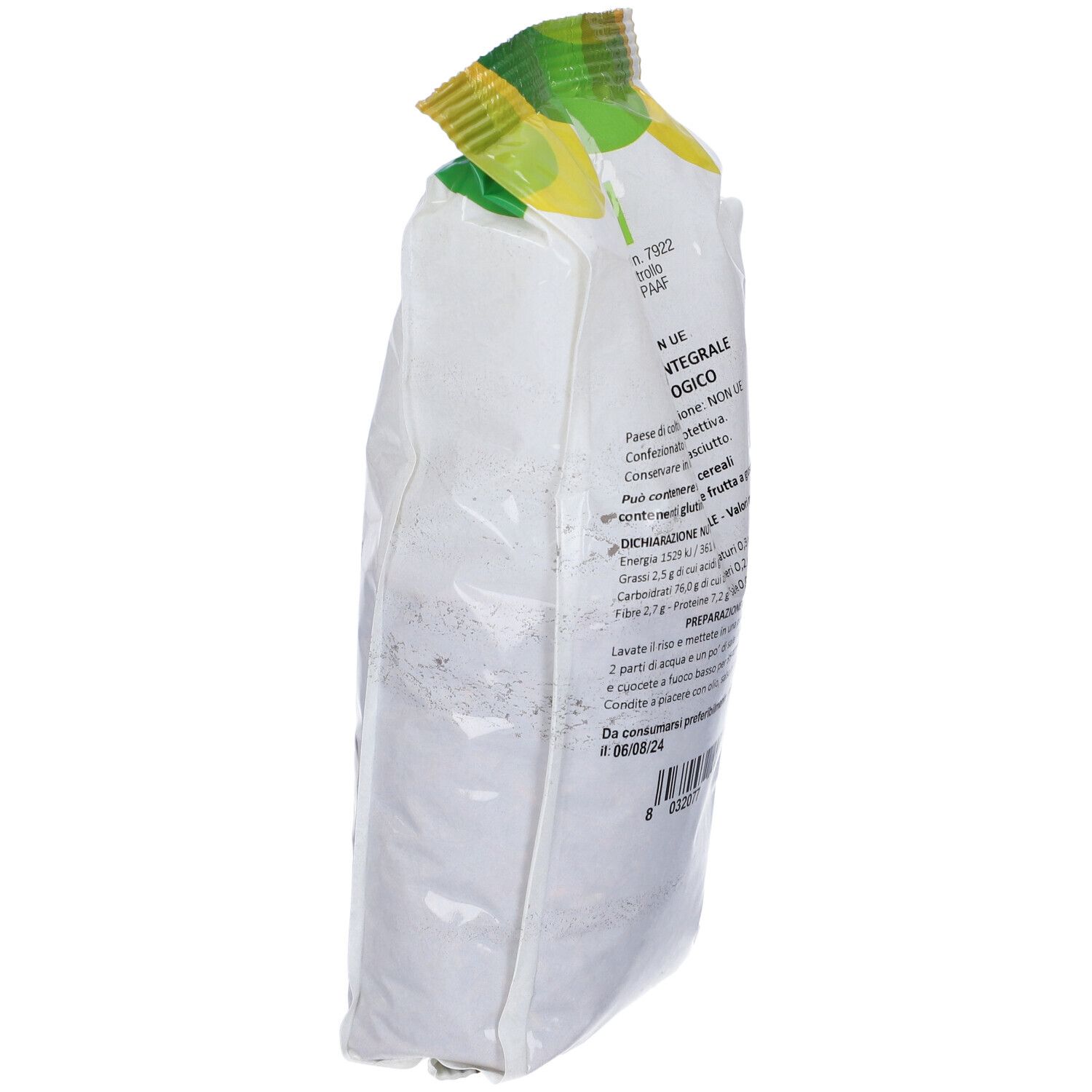 Riso Rosso Bio 500g Vvb, vista laterale. Testo e informazioni nutrizionali. Logo Vvb Bio. 500g. Certificazione bio.