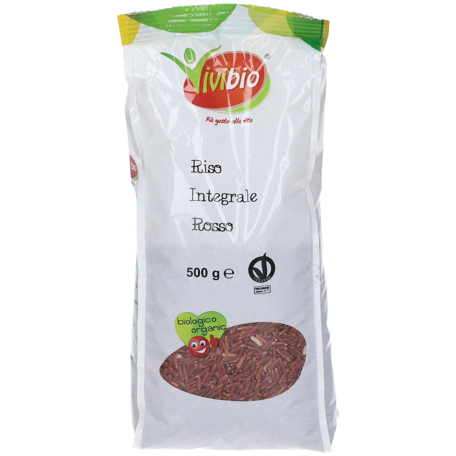 Confezione Riso Rosso Bio 500g Vvb. Sacchetto bianco con riso rosso. Logo Vvb Bio. Testo: Riso Integrale Rosso, 500g.