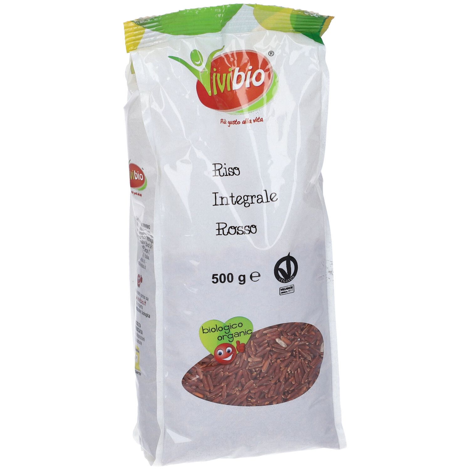 Confezione Riso Rosso Bio 500g Vvb. Sacchetto bianco con riso rosso. Logo Vvb Bio. Testo: Riso Integrale Rosso, 500g.