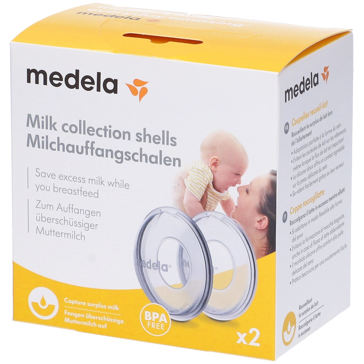Confezione di due coppette raccoglilatte Medela. Senza BPA. Immagine di madre e bambino. Testo in inglese e tedesco.