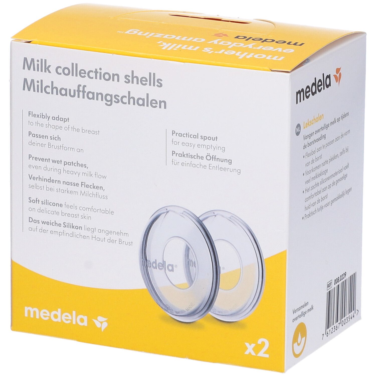 Confezione di coppette raccoglilatte Medela. Testo in inglese e tedesco. Immagine del prodotto.