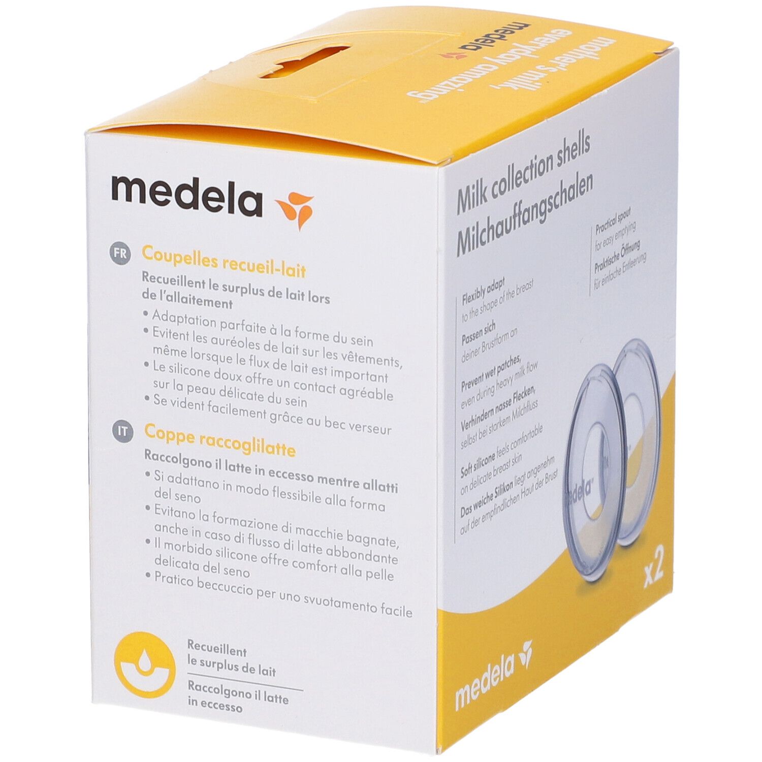 Retro della confezione di coppette raccoglilatte Medela. Testo in francese e italiano. Immagine del prodotto.