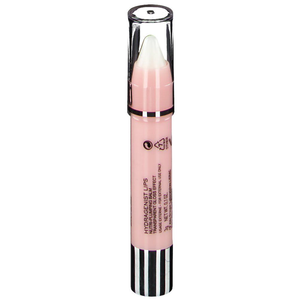 Balsamo labbra con cappuccio trasparente. Astuccio rosa con base a strisce bianche e nere. Testo: HYDRAGENIST LÈVRES, NET WT. 0.14 OZ.