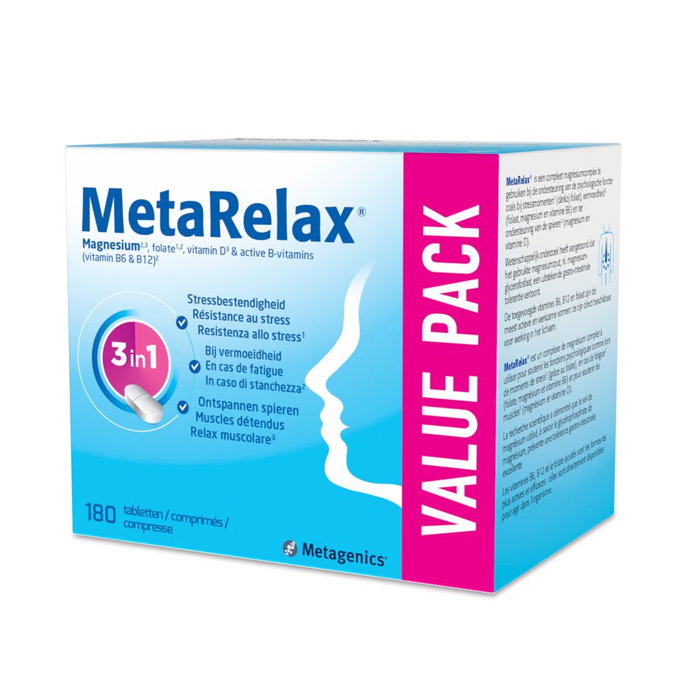 Confezione MetaRelax. Scatola blu con nome e ingredienti. 180 compresse. Logo Metagenics.
