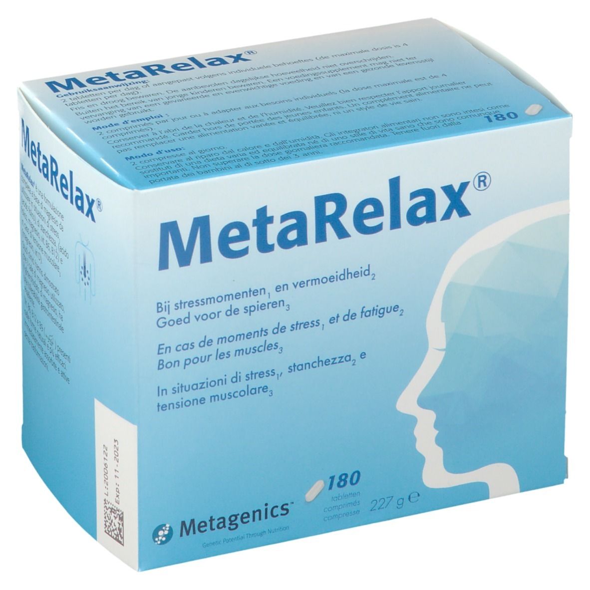 Scatola MetaRelax. Scatola blu con nome e testo. 180 compresse. Logo Metagenics.