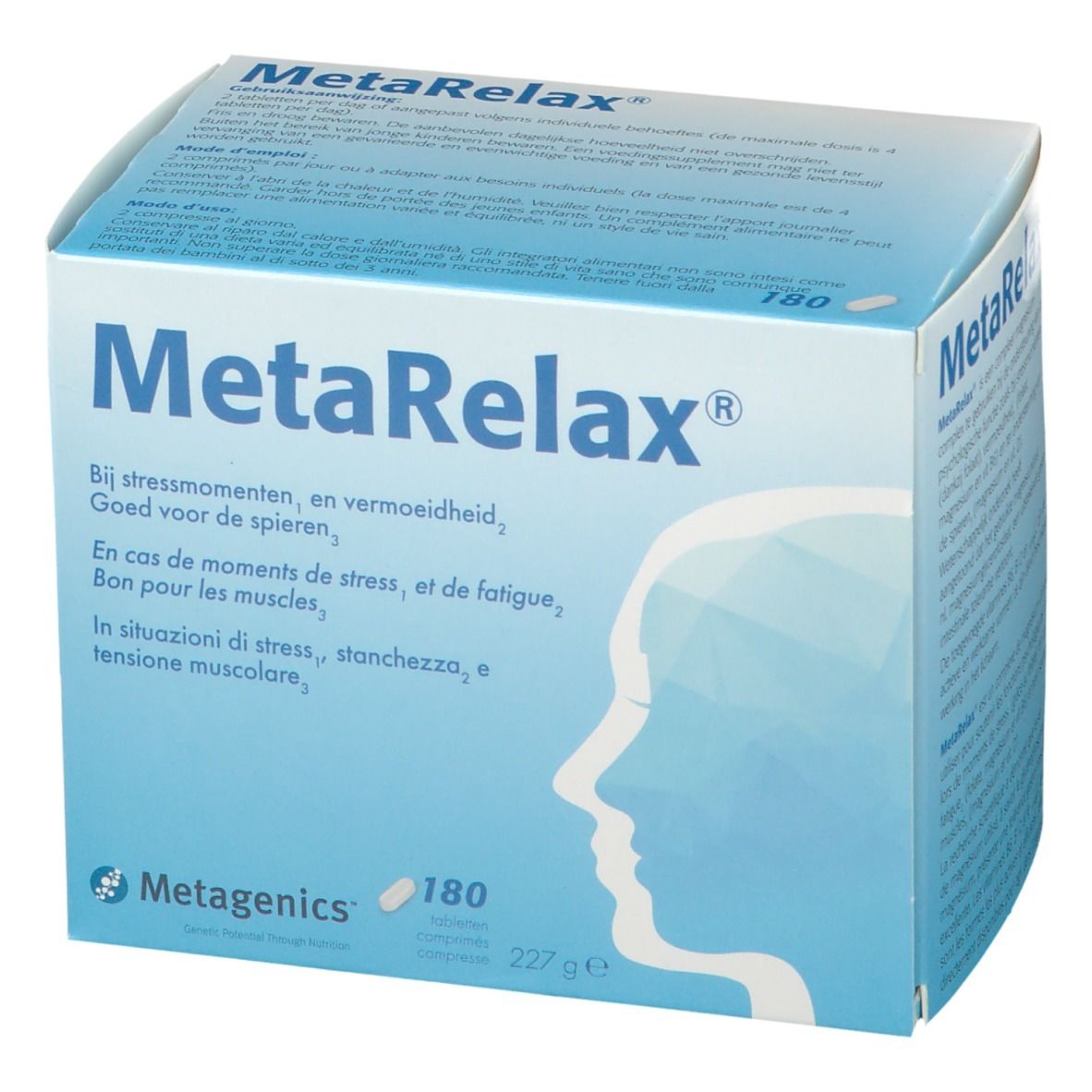 Scatola MetaRelax. Scatola blu con nome e testo. 180 compresse. Logo Metagenics.