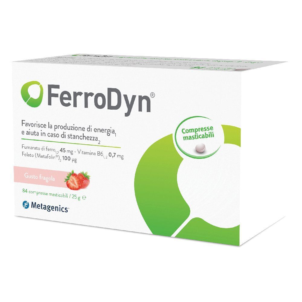 Confezione di FerroDyn. Scatola bianca con logo verde e testo. Gusto fragola. Contiene 84 compresse masticabili.
