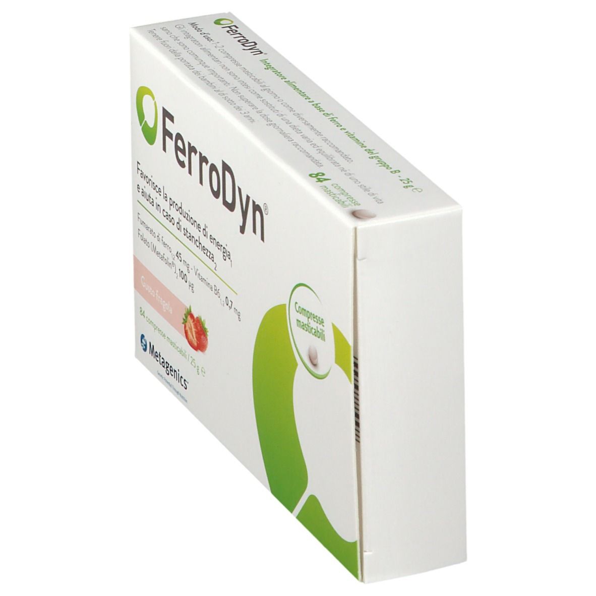 Confezione di FerroDyn. Scatola bianca con logo verde e testo. Gusto fragola. 84 compresse masticabili.