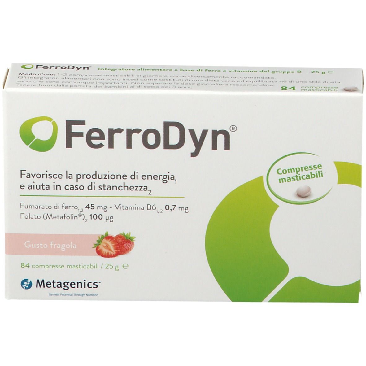 Confezione di FerroDyn. Scatola bianca con logo verde e testo. Gusto fragola. 84 compresse masticabili.