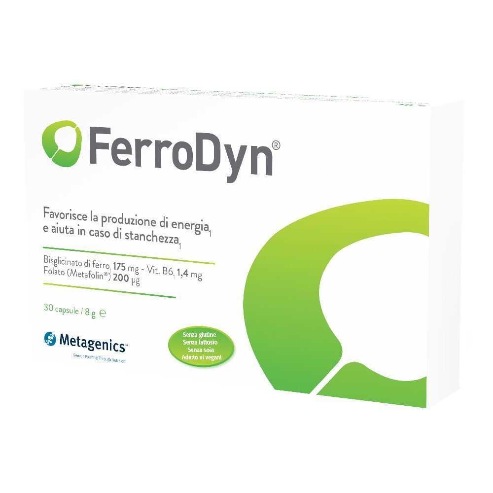 Confezione FerroDyn. Scatola bianca con logo e testo verdi. Contiene 30 capsule. Senza glutine e lattosio.