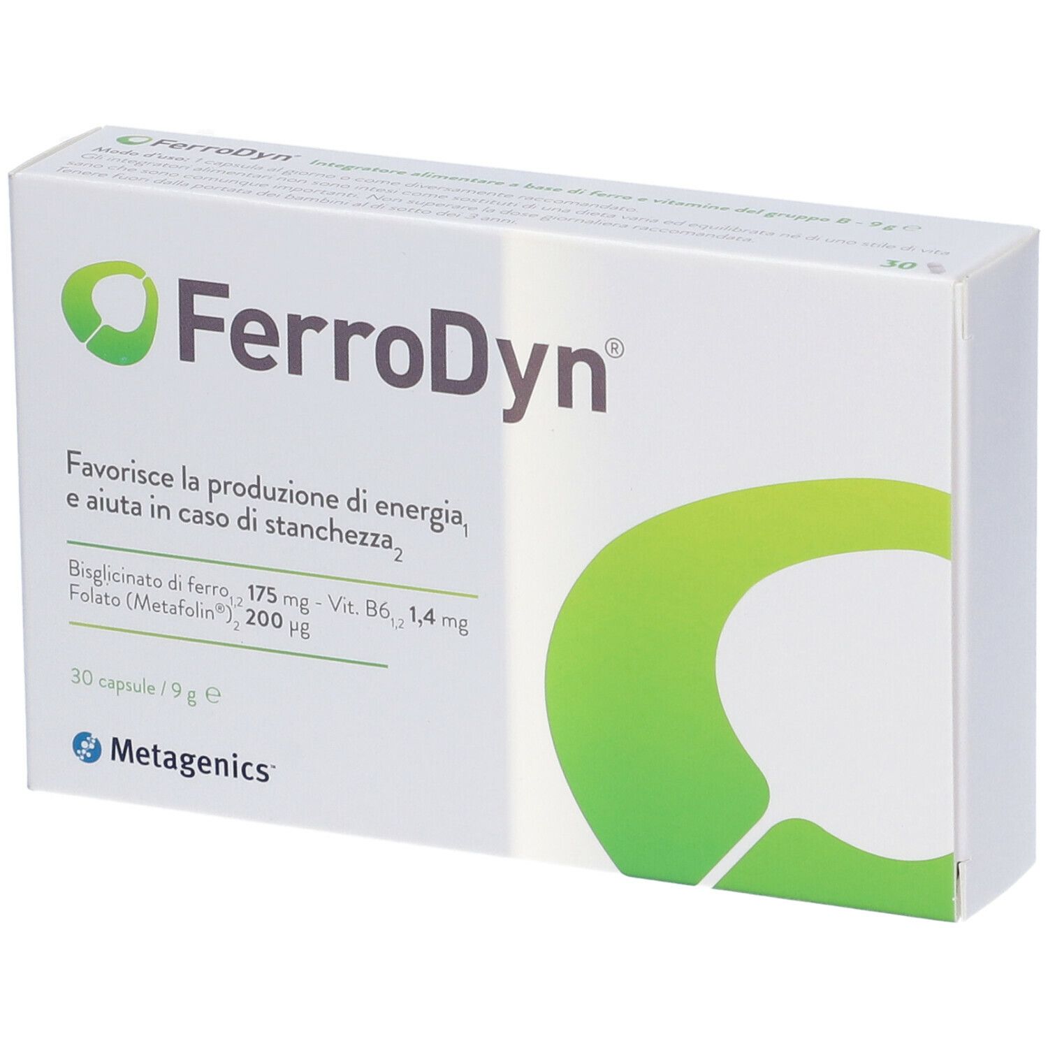 Confezione FerroDyn. Scatola bianca con logo e testo verdi. Contiene 30 capsule. Vista obliqua.