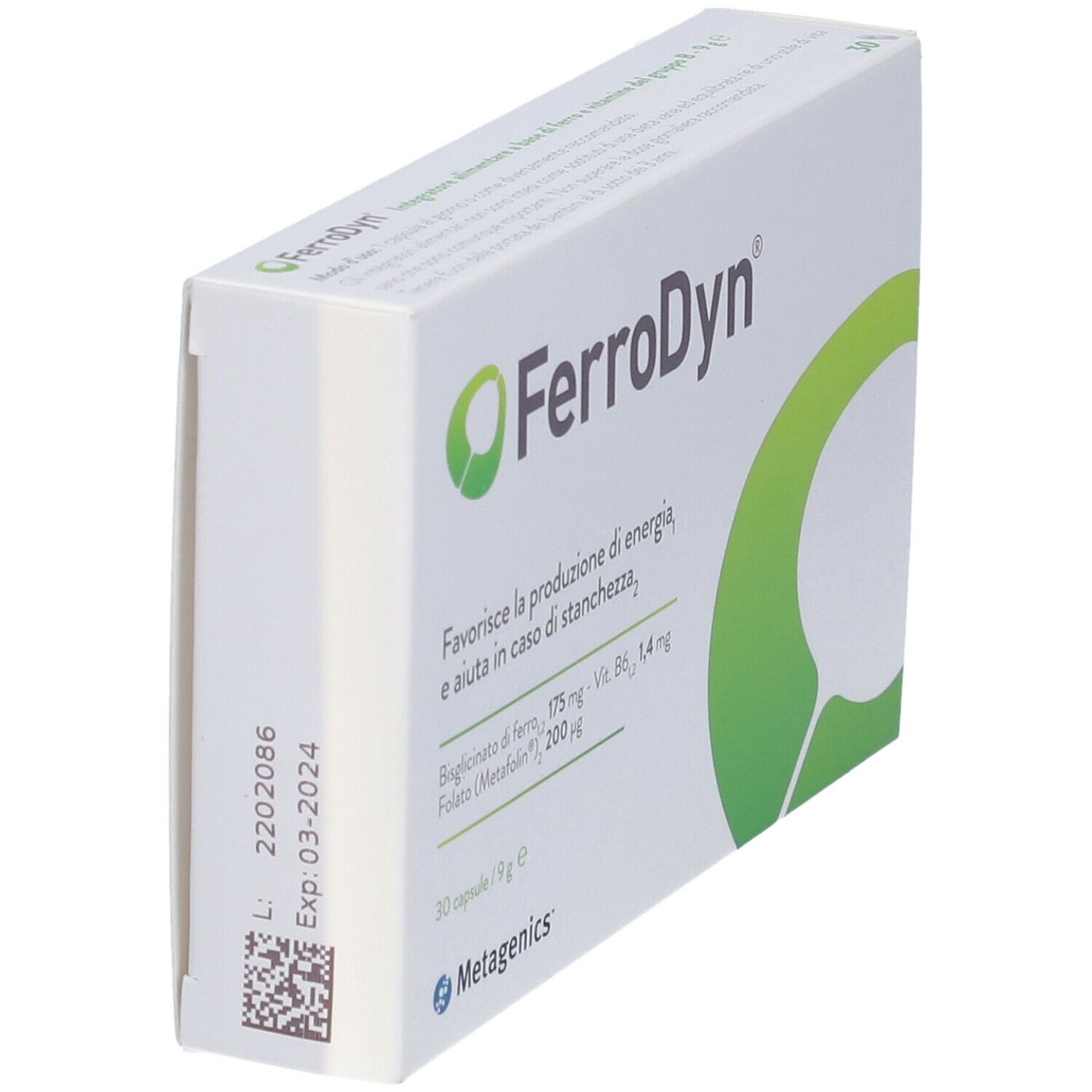 Confezione FerroDyn. Scatola bianca con logo e testo verdi. Contiene 30 capsule. Vista obliqua.