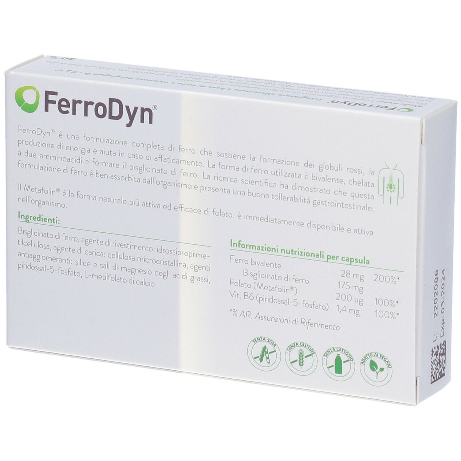 Confezione FerroDyn. Scatola bianca con logo e testo verdi. Contiene 30 capsule. Retro con informazioni nutrizionali.