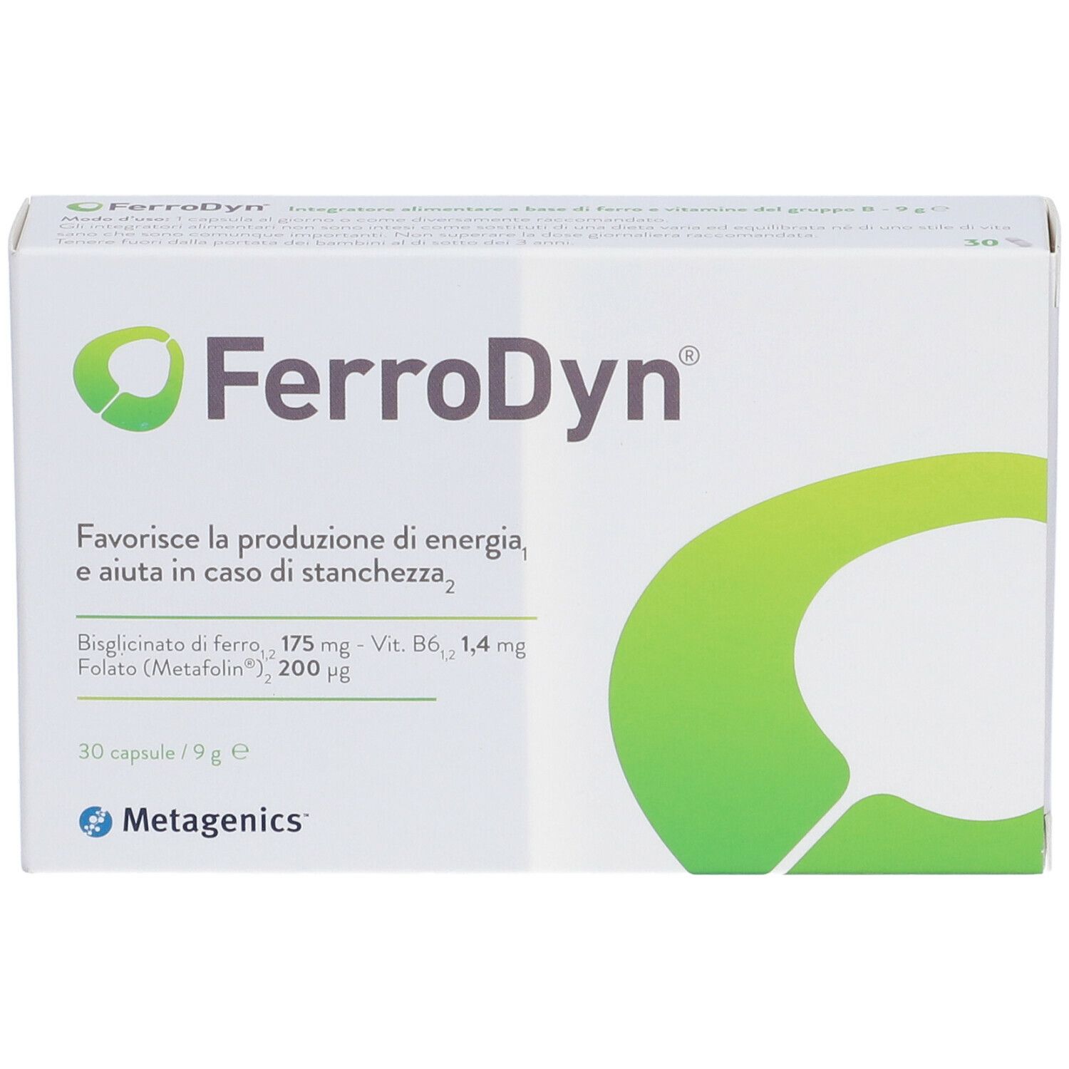 Confezione FerroDyn. Scatola bianca con logo e testo verdi. Contiene 30 capsule. Vista frontale.