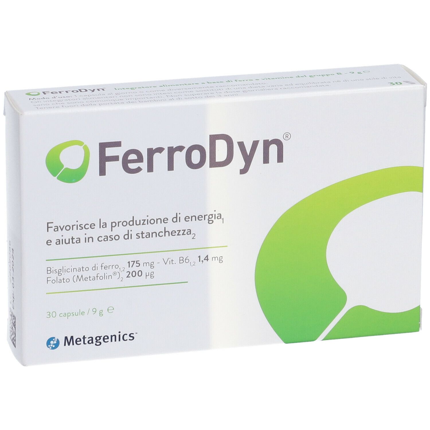 Confezione FerroDyn. Scatola bianca con logo e testo verdi. Contiene 30 capsule. Vista frontale.