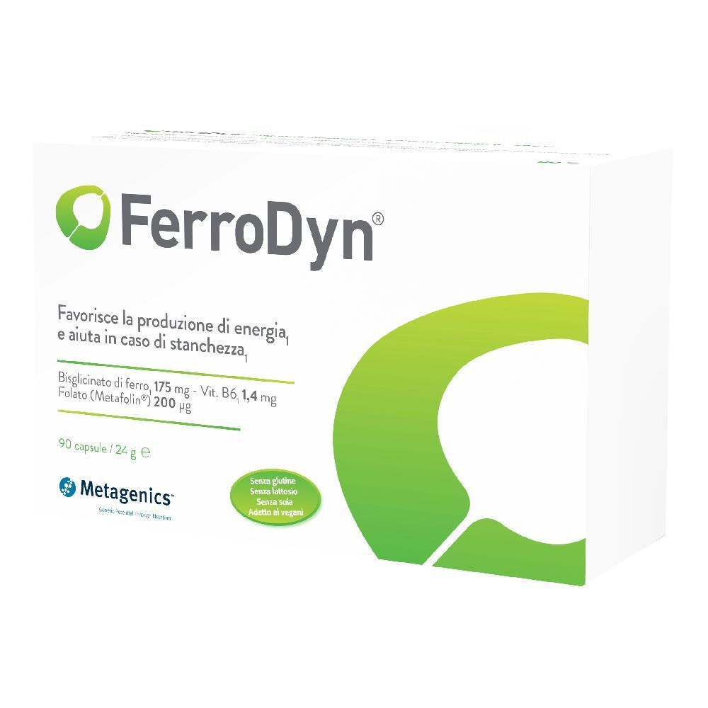 Confezione FerroDyn®. Contiene 90 capsule. Scritta: Favorisce la produzione di energia. Logo Metagenics.