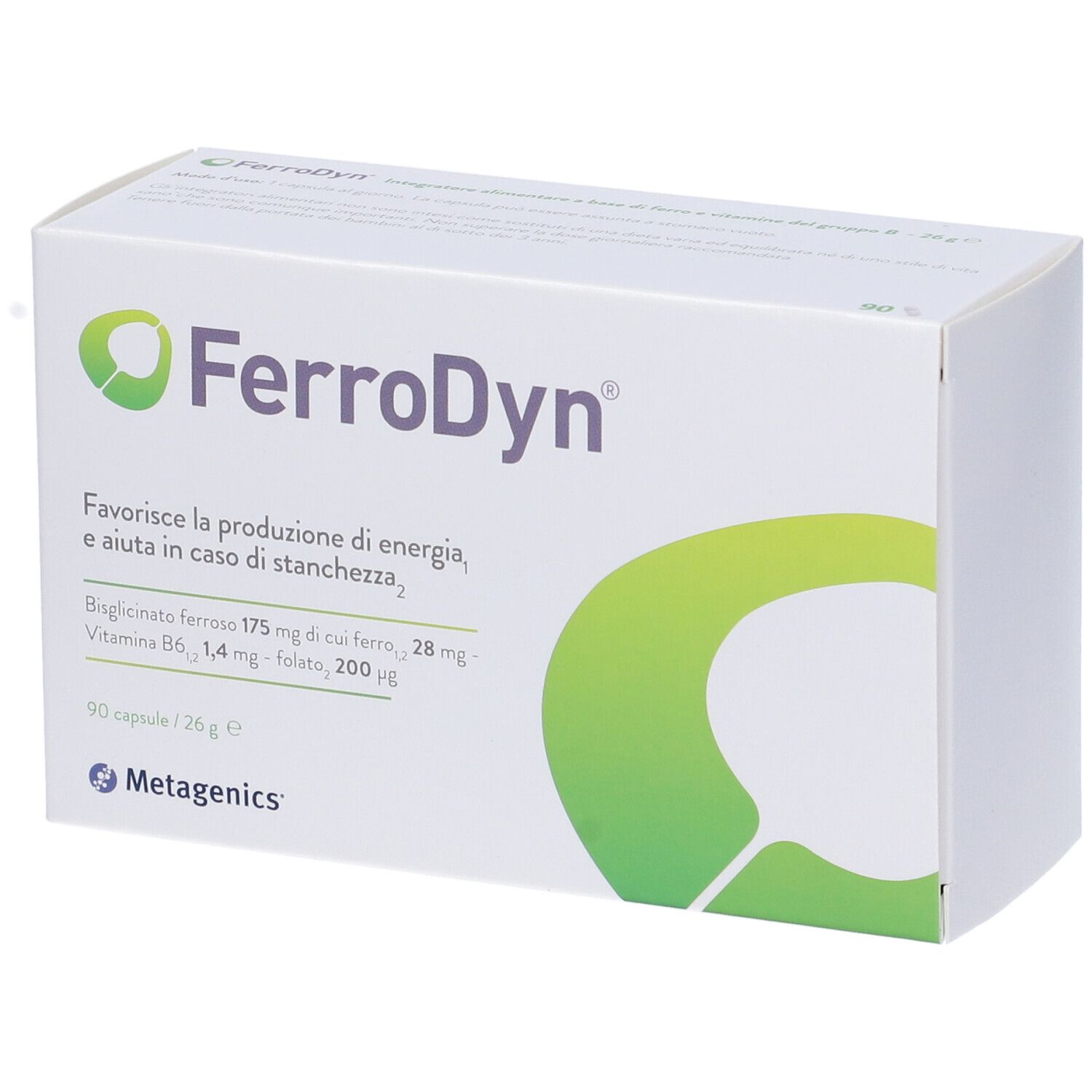 Confezione FerroDyn®. Contiene 90 capsule. Scritta: Favorisce la produzione di energia. Logo Metagenics.