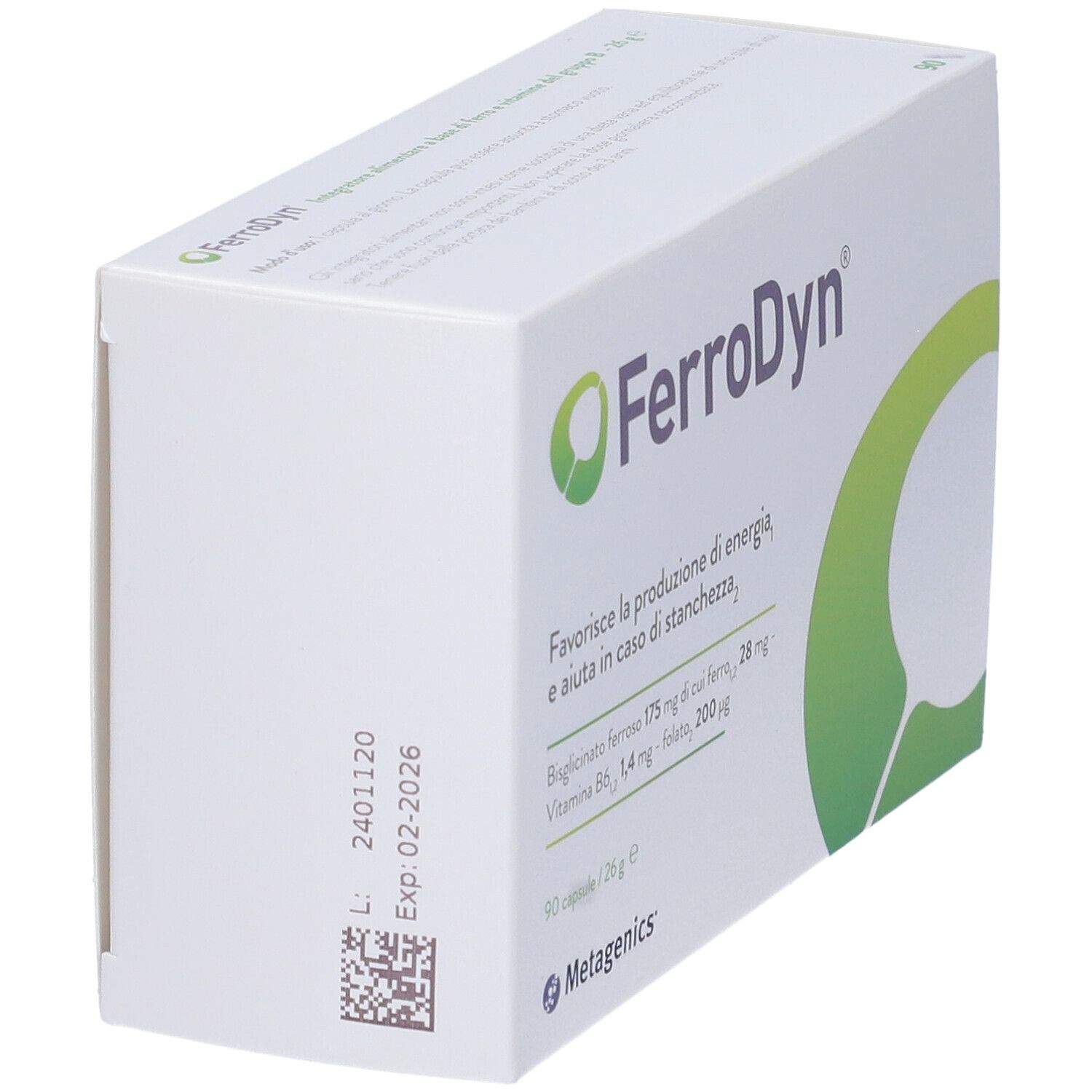 Confezione FerroDyn®. Contiene 90 capsule. Scritta: Favorisce la produzione di energia. Logo Metagenics.