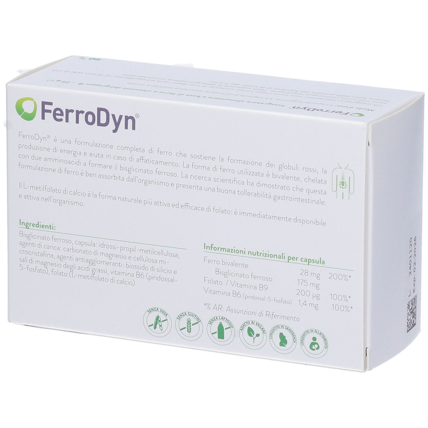 Confezione FerroDyn®. Retro con ingredienti e informazioni nutrizionali. Logo Metagenics.
