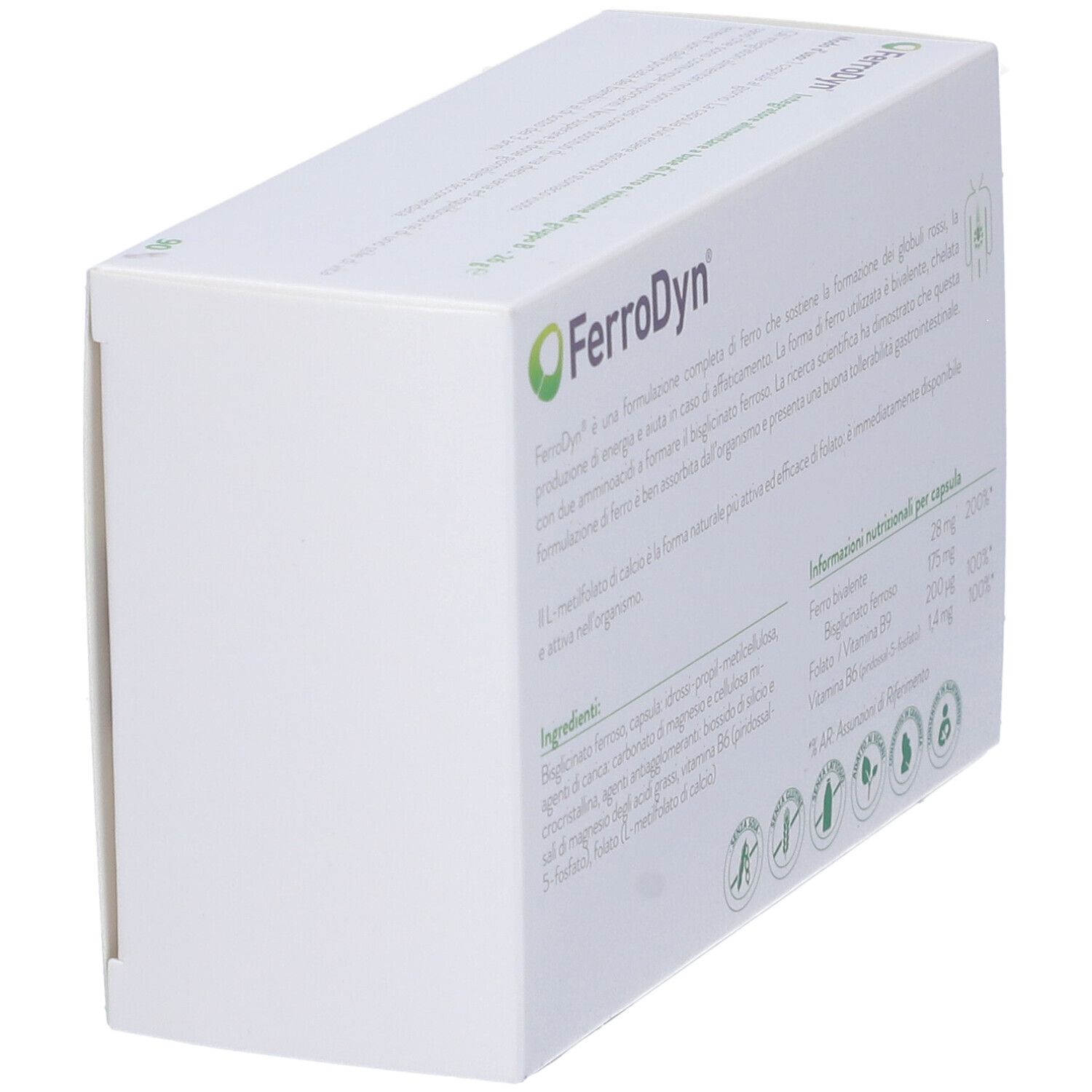 Confezione FerroDyn®. Retro con ingredienti e informazioni nutrizionali. Logo Metagenics.