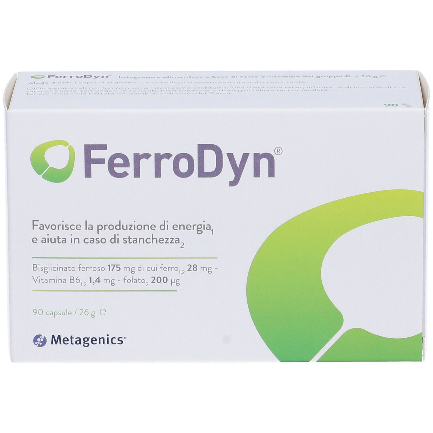 Confezione FerroDyn®. Contiene 90 capsule. Scritta: Favorisce la produzione di energia. Logo Metagenics.