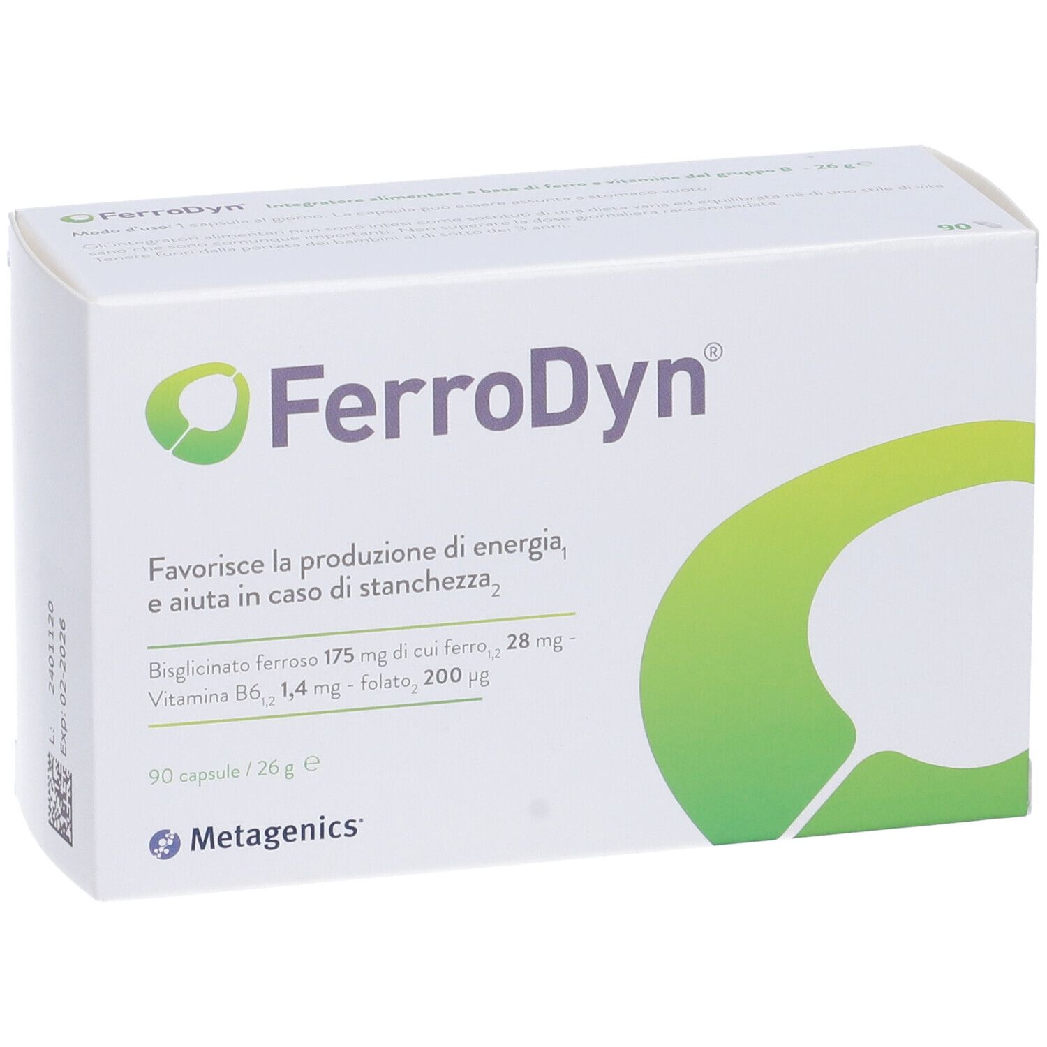 Confezione FerroDyn®. Contiene 90 capsule. Scritta: Favorisce la produzione di energia. Logo Metagenics.