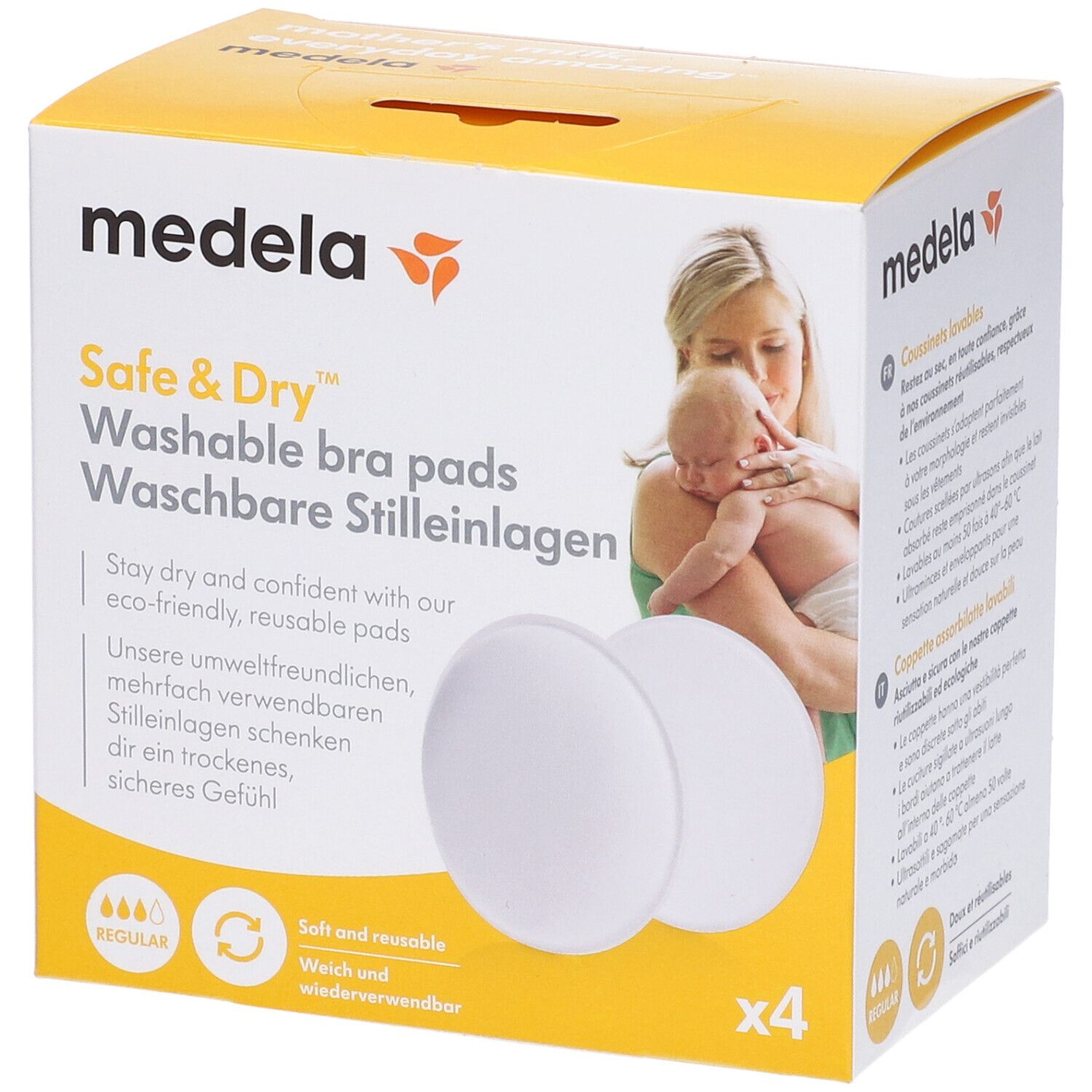 Confezione Medela Safe & Dry Coppette Assorbilatte. Immagine madre e bambino. 4 pezzi.