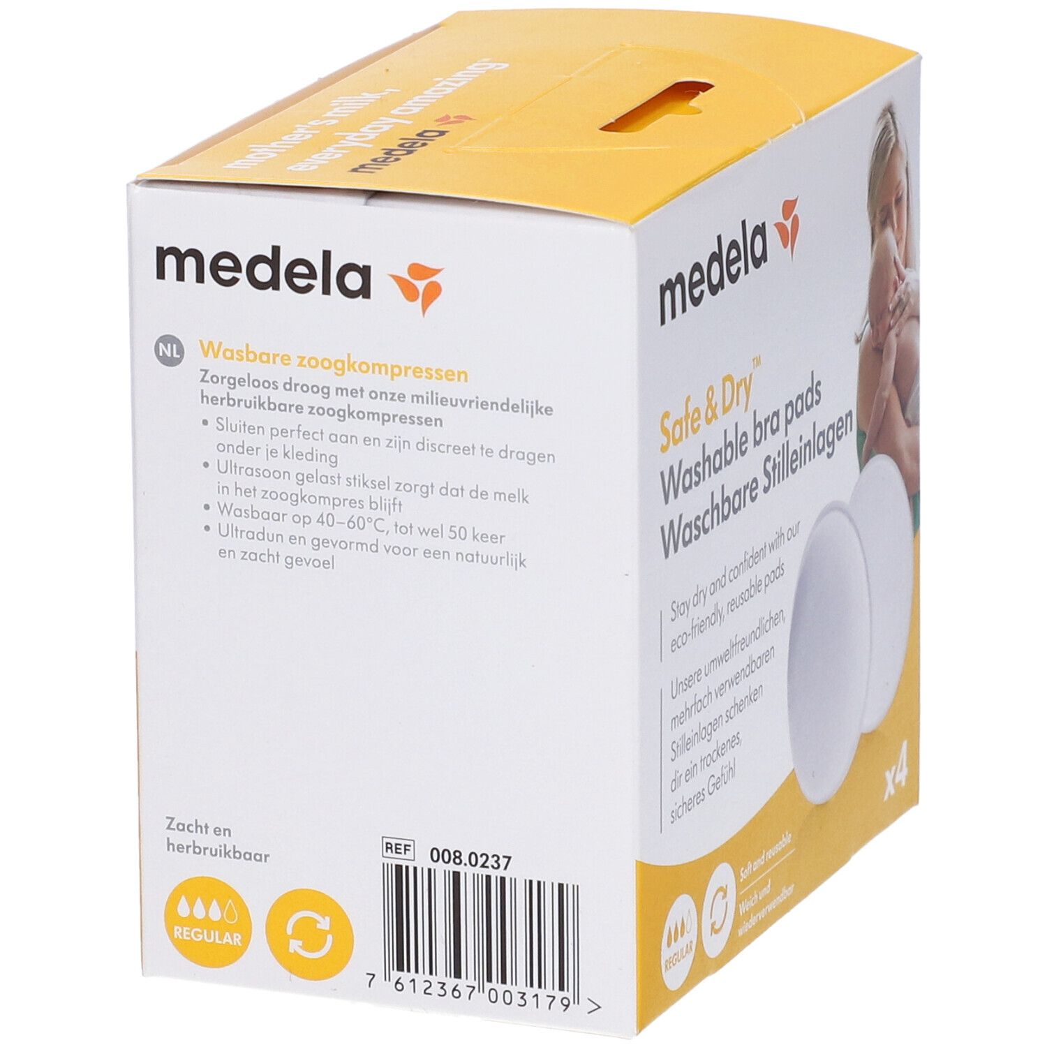 Retro confezione Medela Safe & Dry. Testo in olandese. Contiene 4 pezzi.