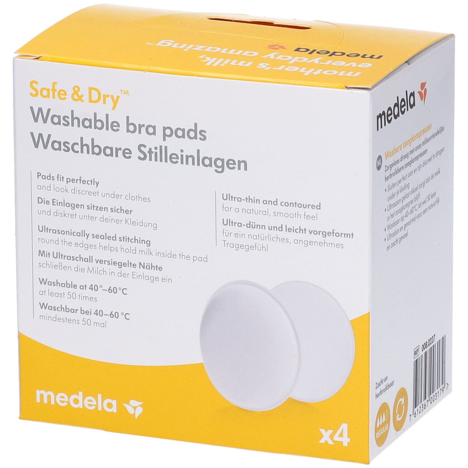 Confezione Medela Safe & Dry. Testo in tedesco. Contiene 4 pezzi. Mostra due coppette.