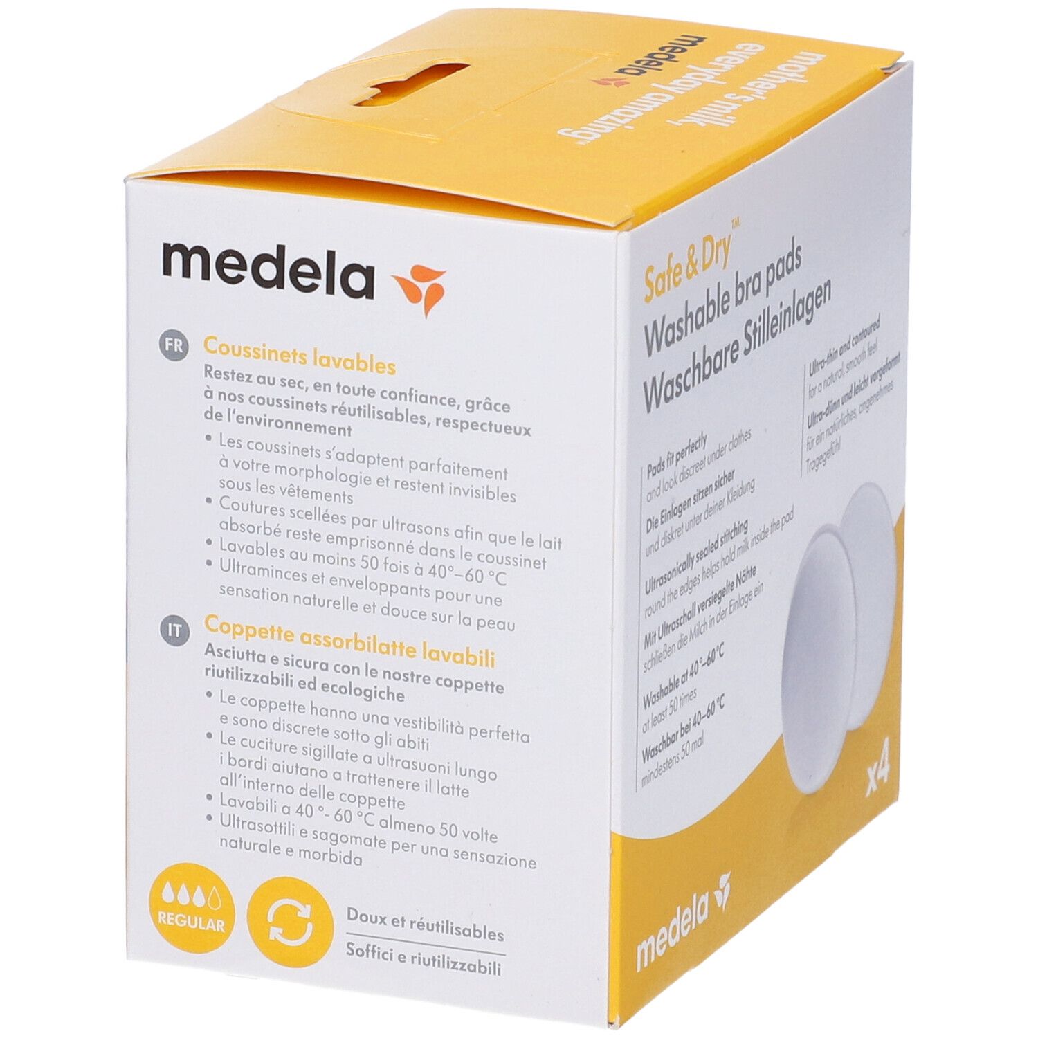 Retro confezione Medela Safe & Dry. Testo in francese e italiano. 4 pezzi.