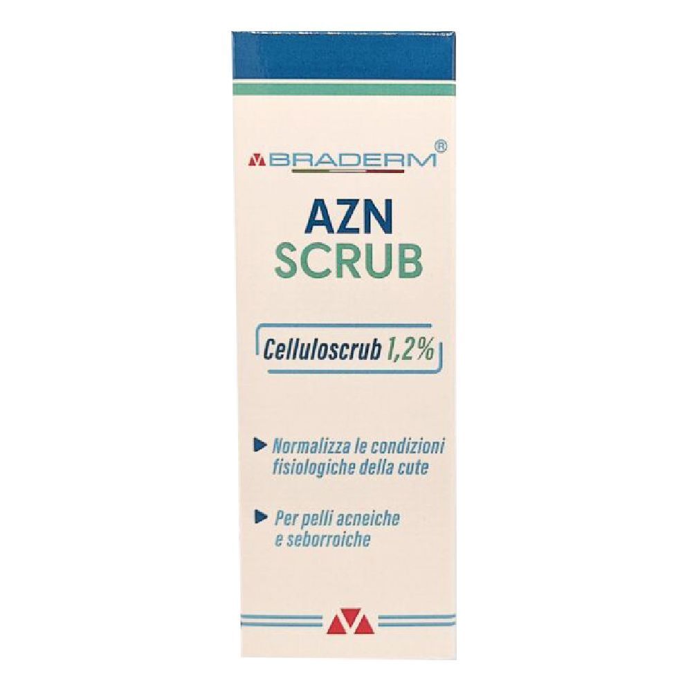 Confezione Azn Scrub Braderm. Bianco e blu. Testo: Azn Scrub, Celluloscrub 1,2%.