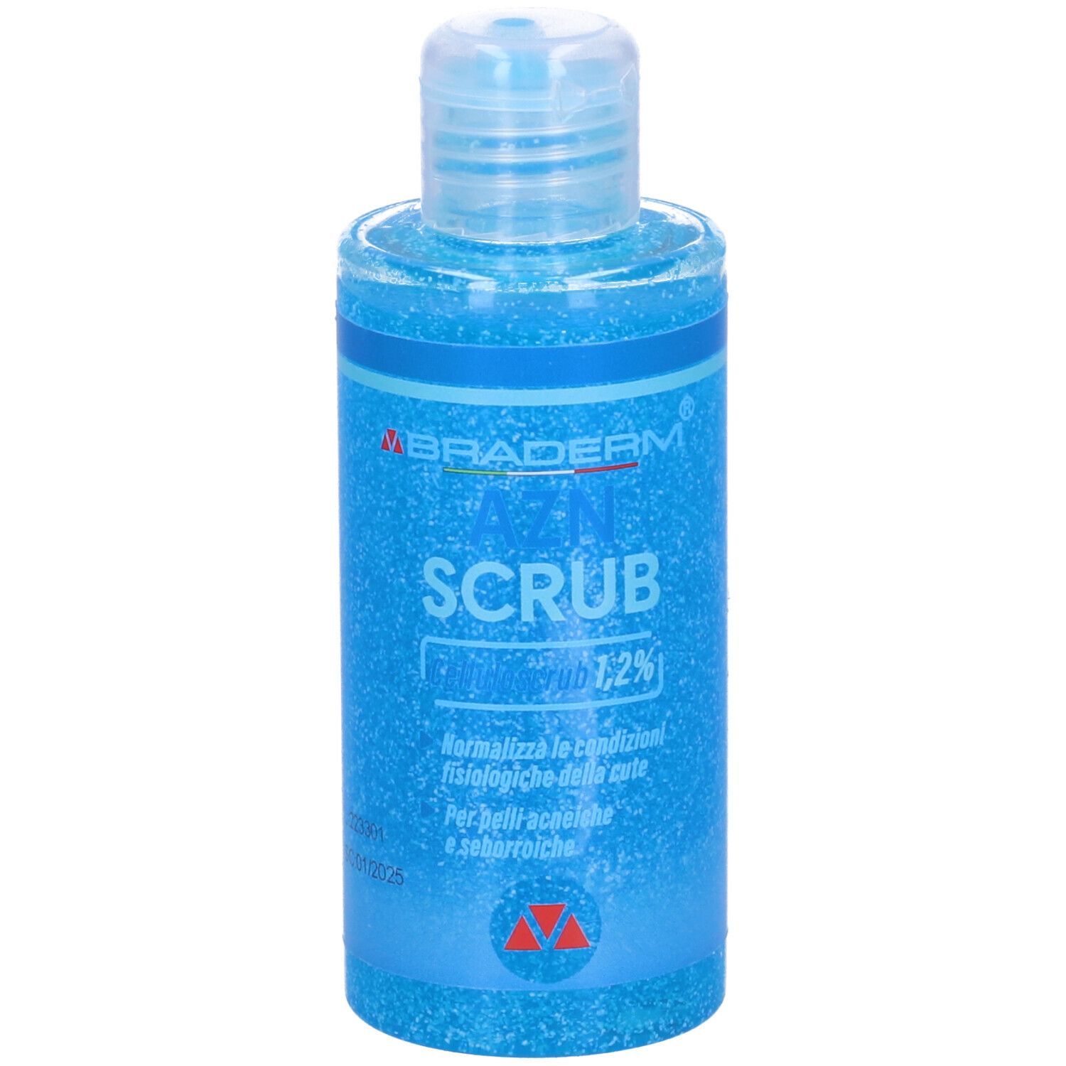 Flacone blu Azn Scrub Braderm. Tappo trasparente. Testo: Scrub, Celluloscrub 1,2%.