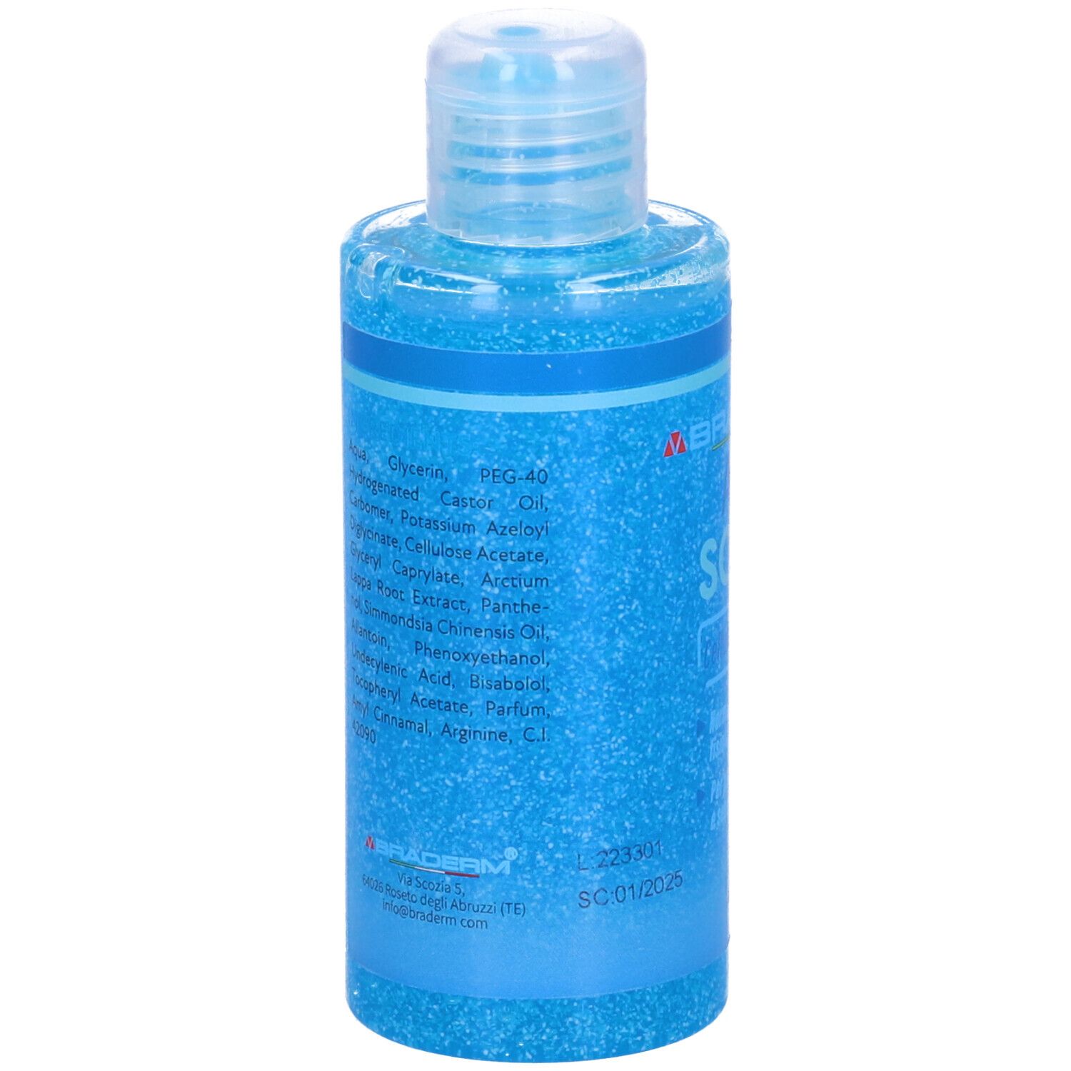 Flacone blu Azn Scrub Braderm. Retro con ingredienti. Tappo trasparente.