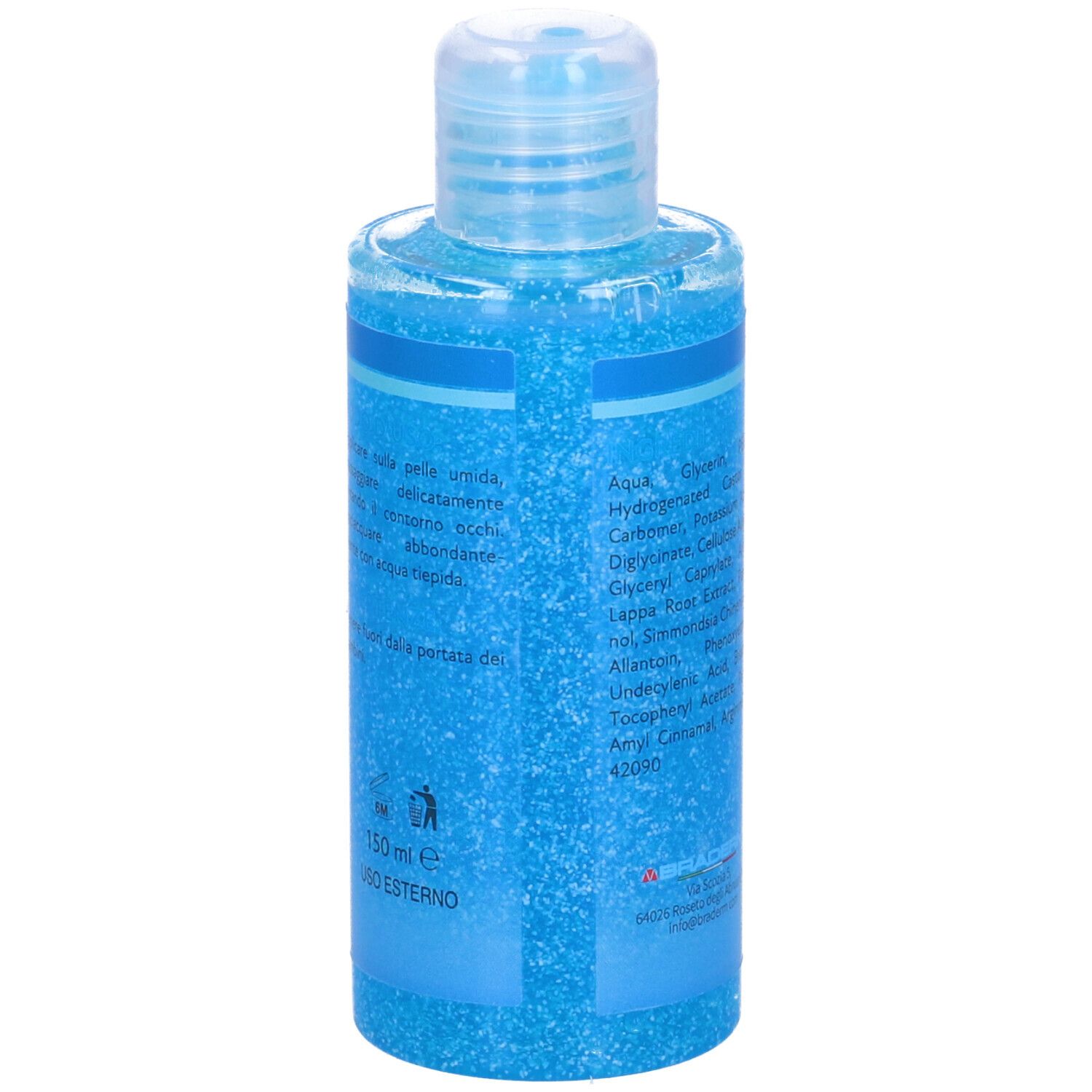 Flacone blu Azn Scrub Braderm. Retro con ingredienti e testo. Tappo trasparente.