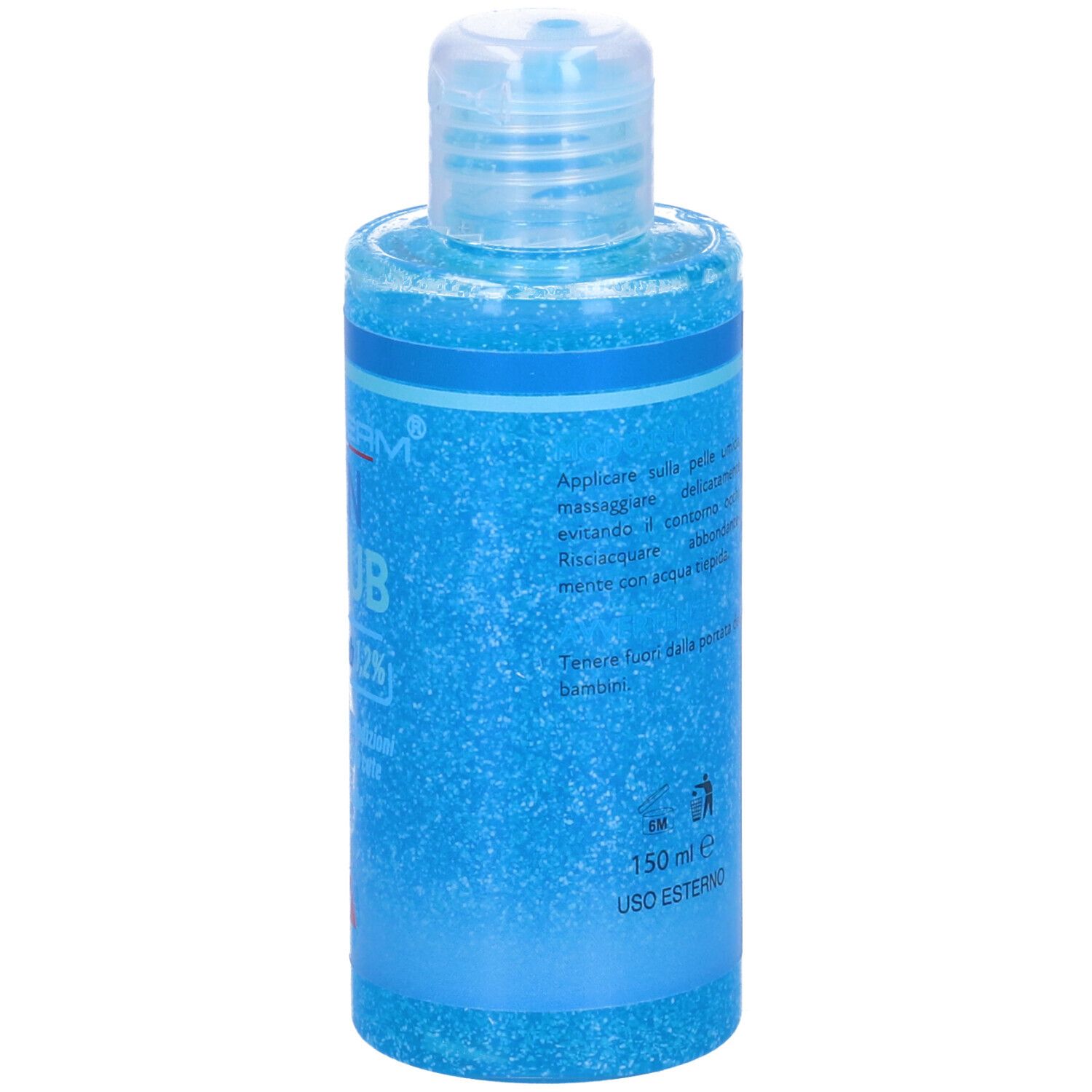 Flacone blu Azn Scrub Braderm. Testo e volume 150ml. Tappo trasparente.