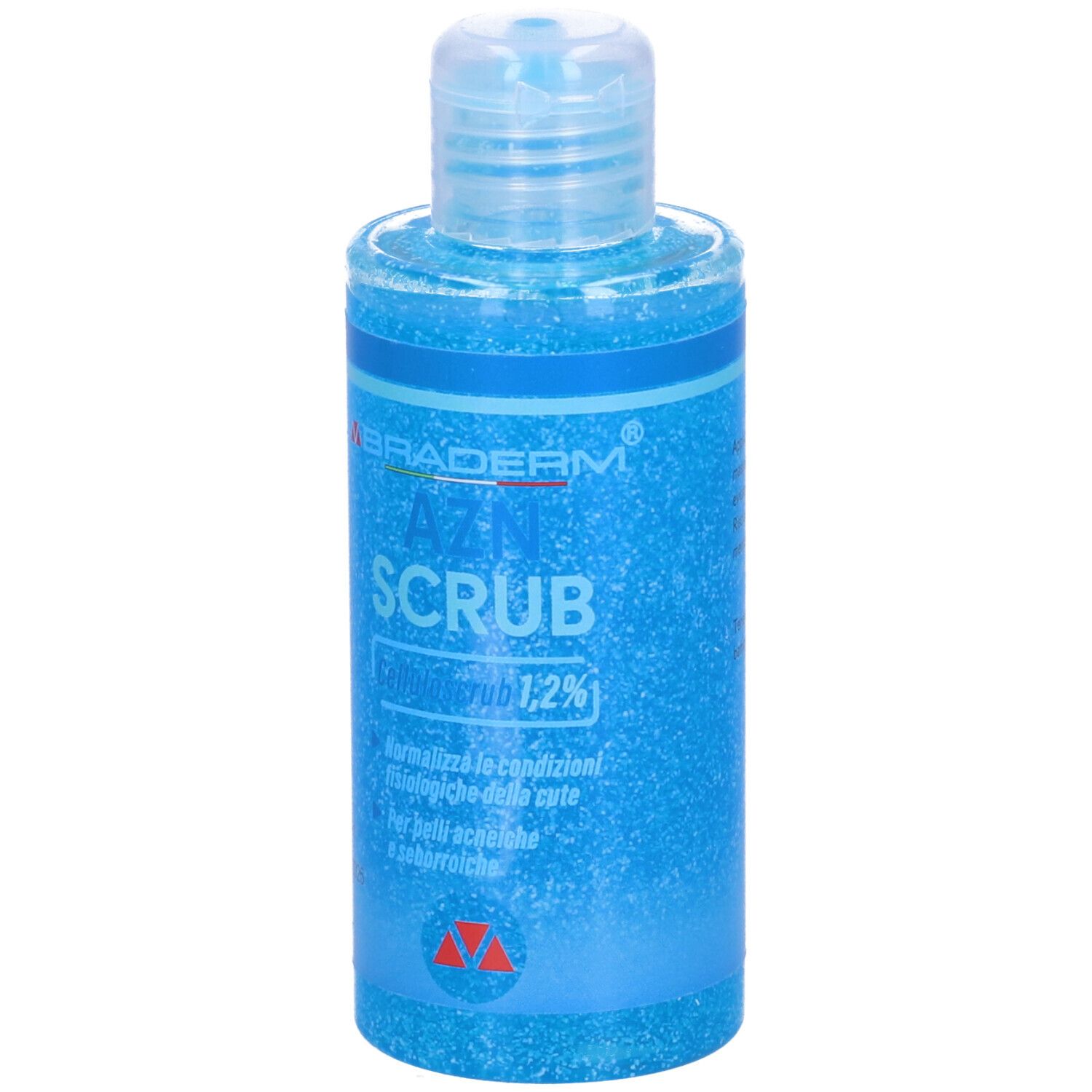 Flacone blu Azn Scrub Braderm. Testo e volume 150ml. Tappo trasparente.