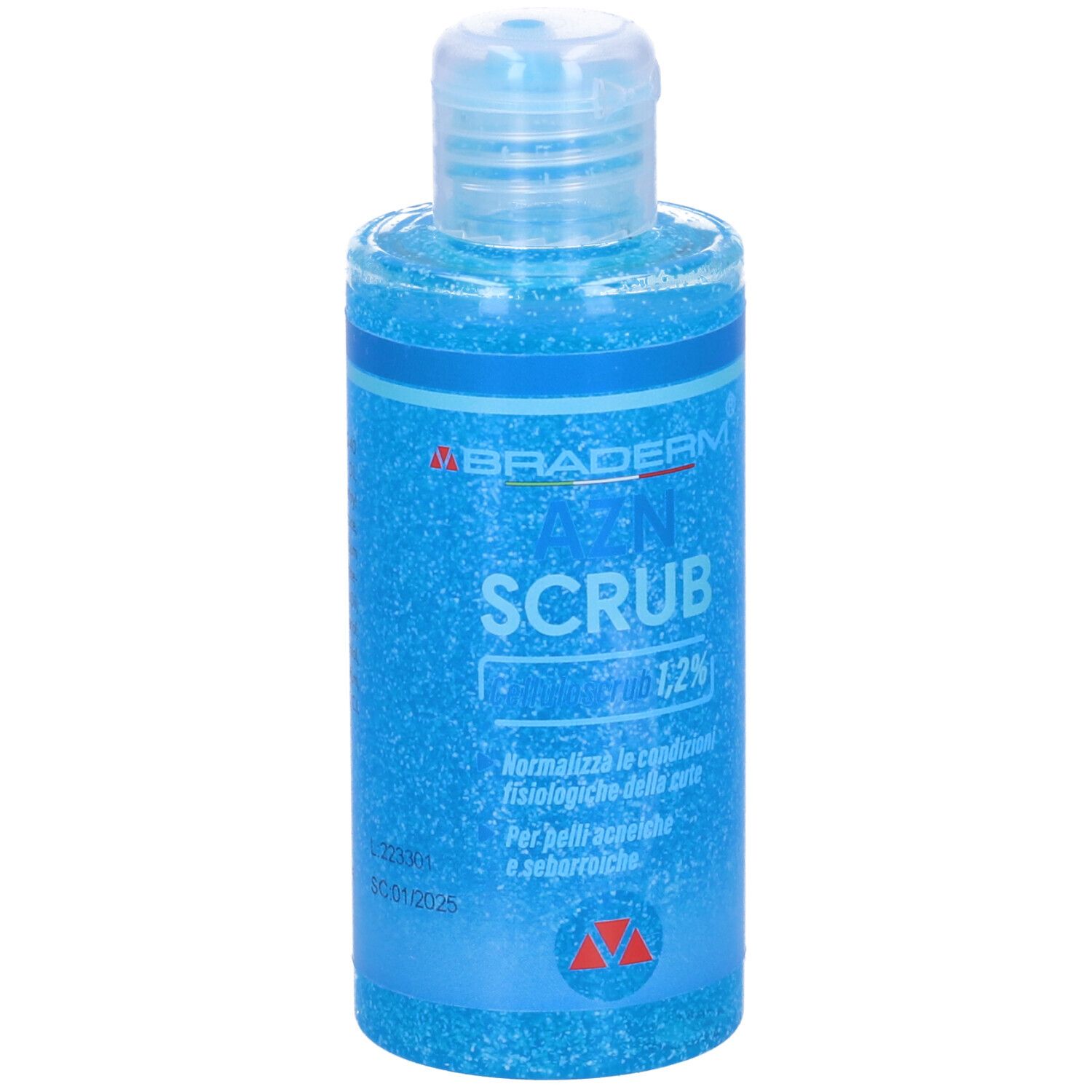 Flacone blu Azn Scrub Braderm. Testo: Azn Scrub, Celluloscrub 1,2%. Tappo trasparente.
