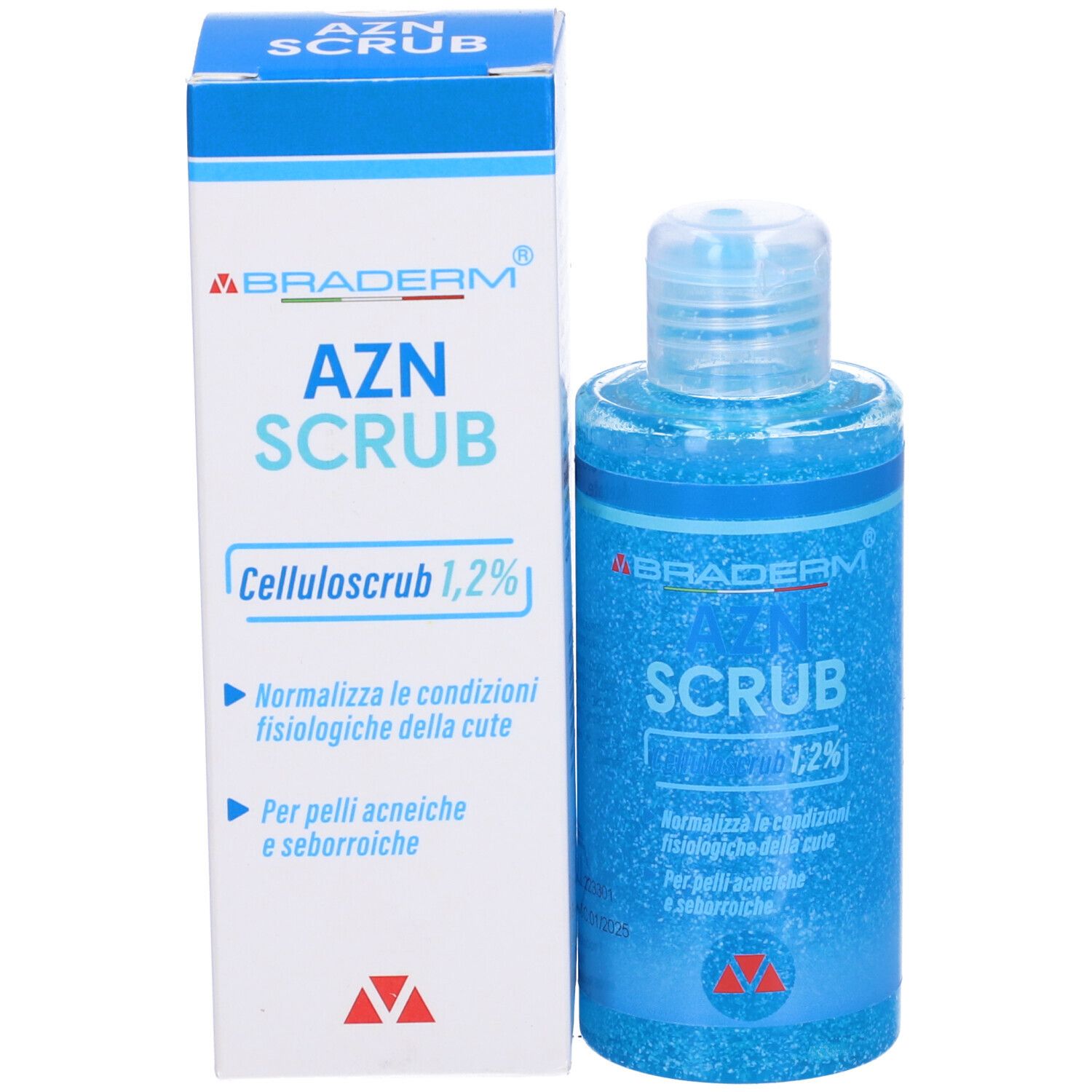 Flacone e confezione Azn Scrub Braderm. Testo: Azn Scrub, Celluloscrub 1,2%.