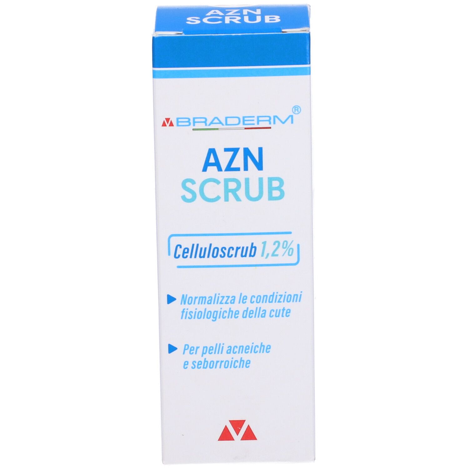 Confezione Azn Scrub Braderm. Testo: Azn Scrub, Celluloscrub 1,2%.