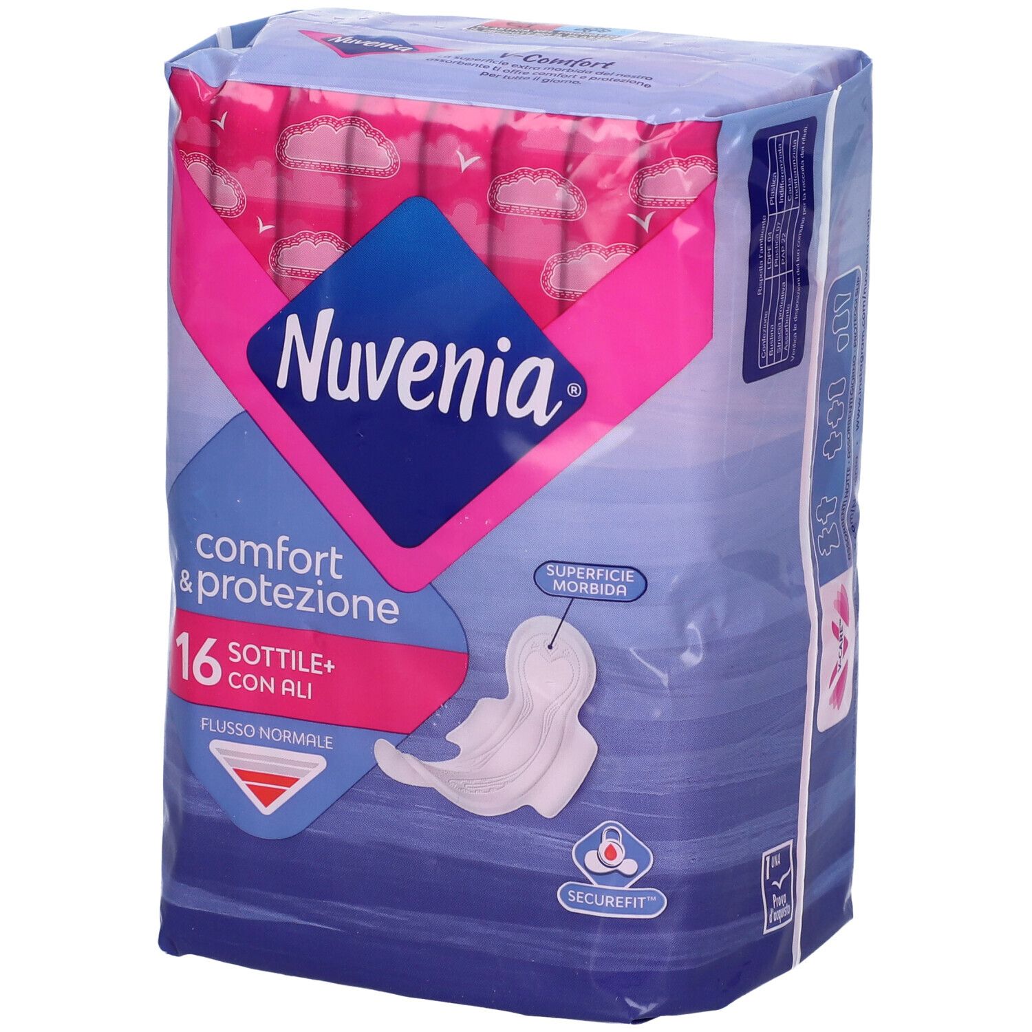 Confezione di Nuvenia Normal Ali Sott Gg 16P. Confezione rosa e blu con immagine del prodotto e testo. 16 pezzi.