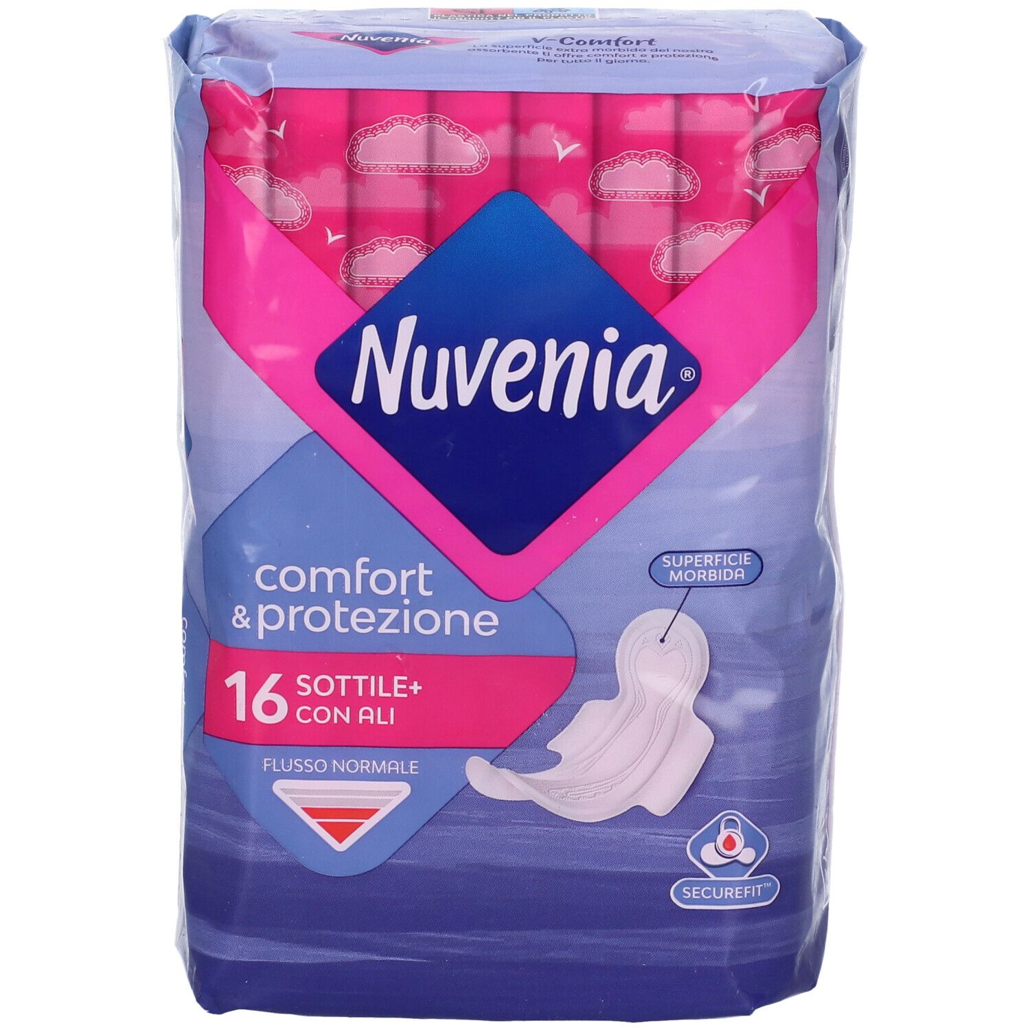 Vista frontale della confezione Nuvenia Normal Ali Sott Gg 16P. Confezione rosa e blu con immagine del prodotto e testo. 16 pezzi.